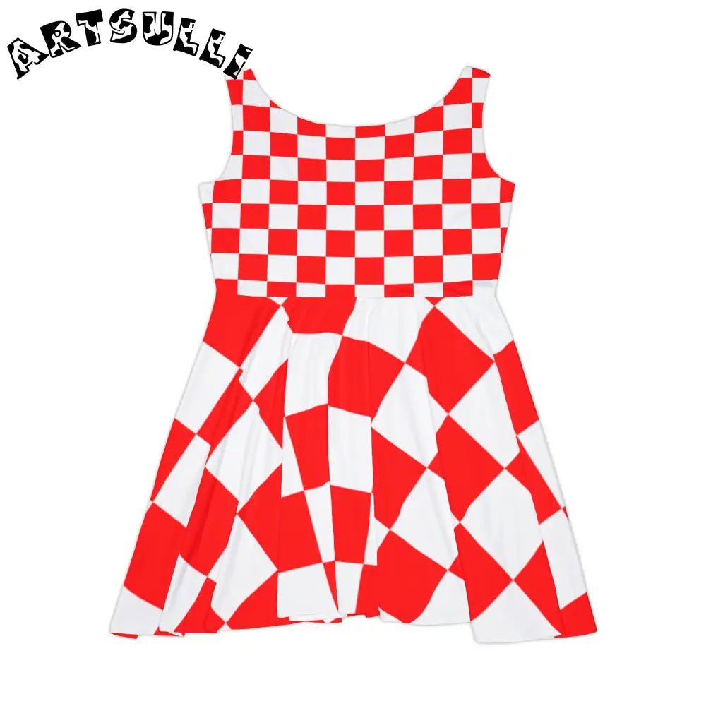 JAKKOUTTHEBXX Checkerboard Red and White Women’s Skater Dress (AOP)