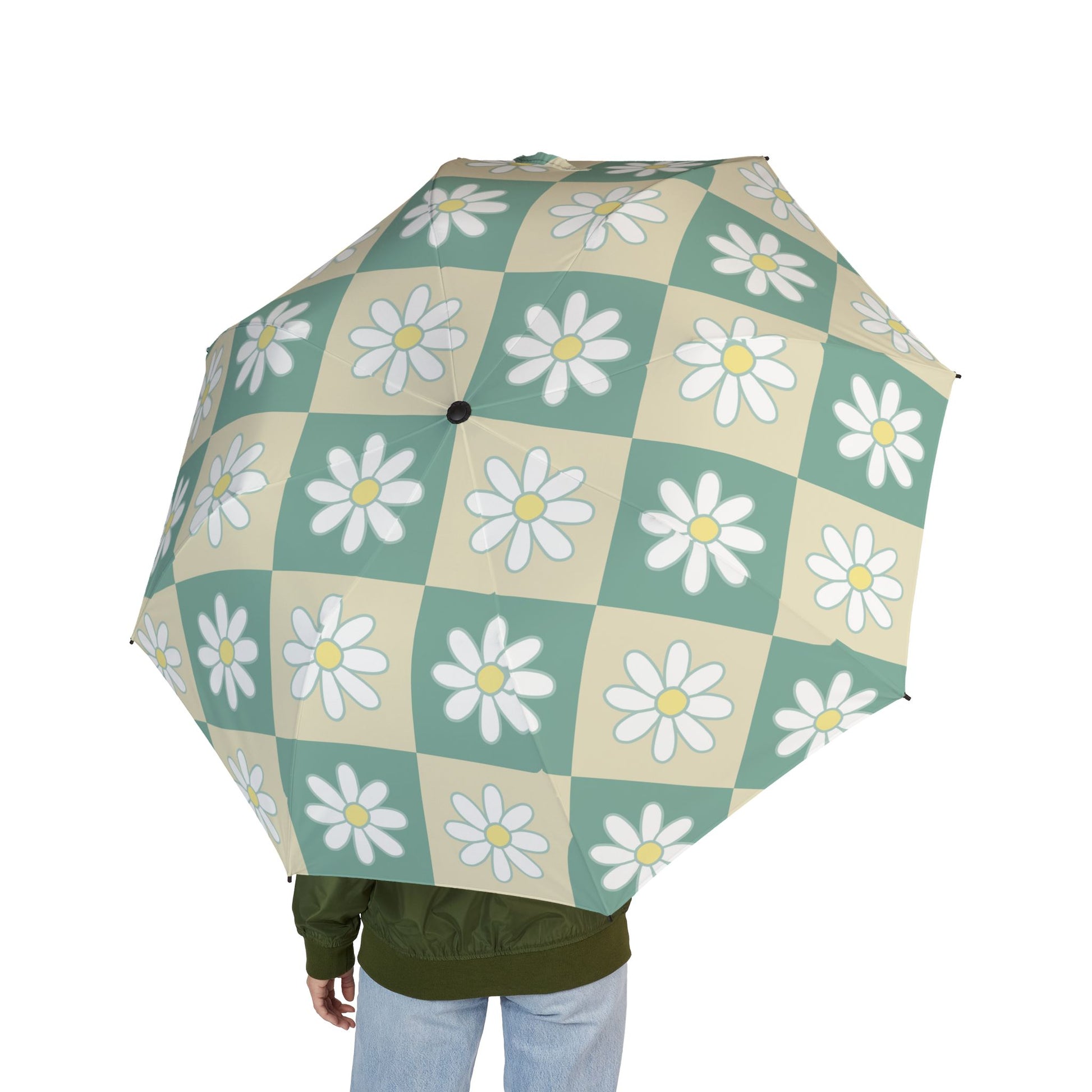 Retro Daisy Checkerboard Green and Tan Semi-Automatic Foldable Umbrella, Artsulli - Art is Long, Life is Short, Accessories, , , , , , , 