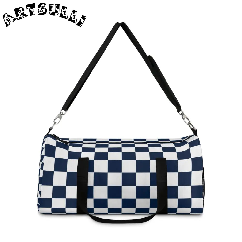 JAKKOUTTHEBXX Checkerboard II White and Navy Blue Duffel Bag