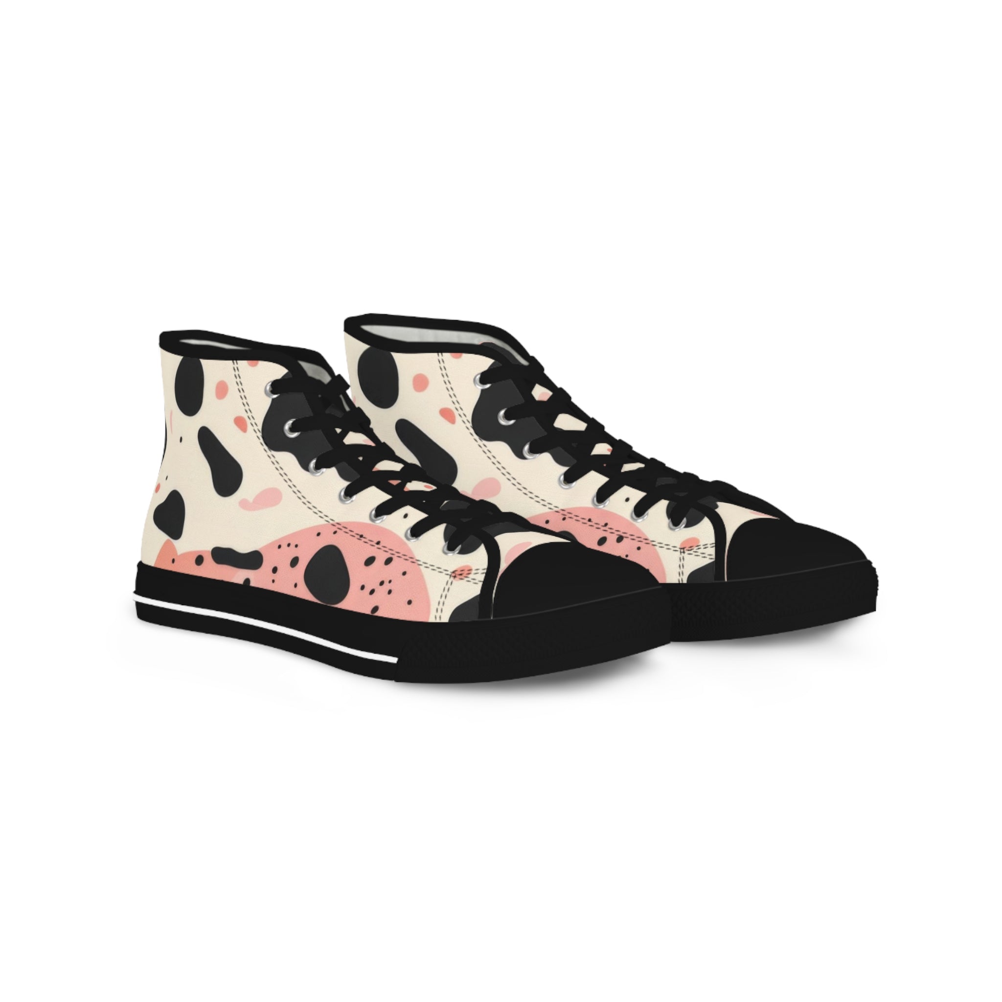 Organic Cow Print Cream and Pink Men's High Top Sneakers, Artsulli - Art is Long, Life is Short, Shoes, Size, US 5, Color, Black sole, , , 85268442712354