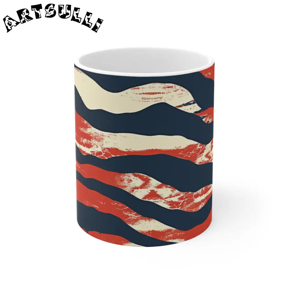 JAKKOUTTHEBXX White Ceramic Mug with Abstract Red Cream and Navy