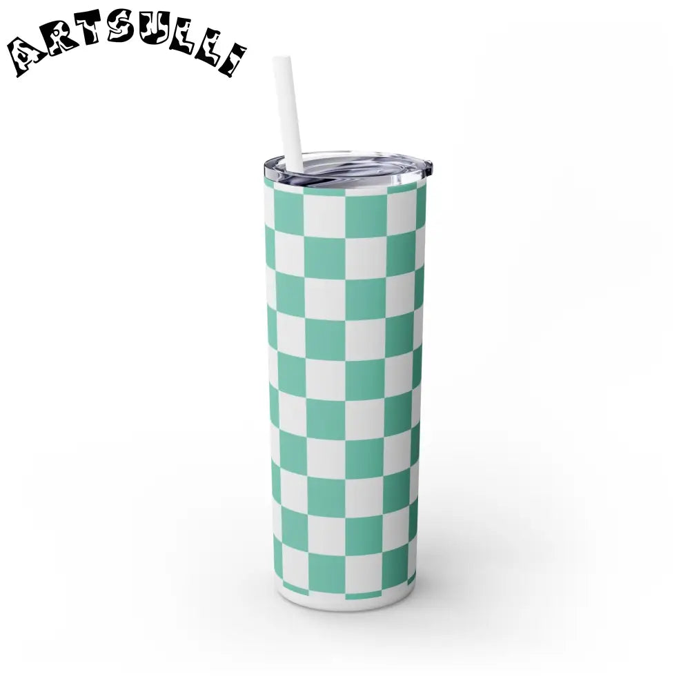 JAKKOUTTHEBXX Checkerboard Light Green Skinny Tumbler with Straw