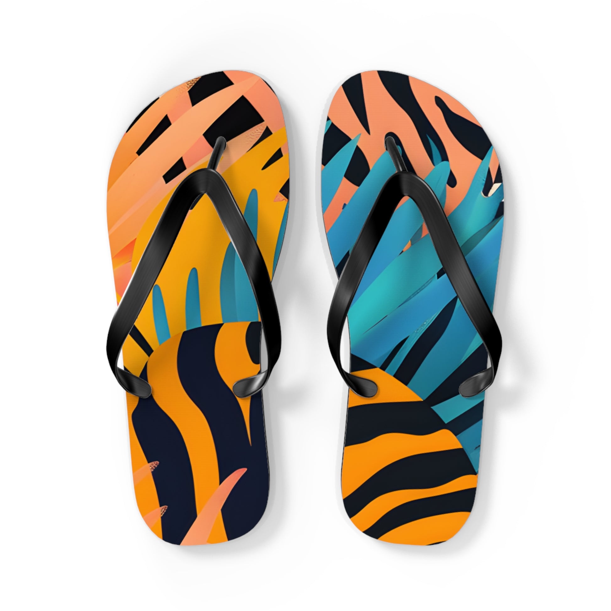 Palm Leaves x Zebra Stripes x  Tiger Stripes Orange and Blue Flip Flops, Artsulli - Art is Long, Life is Short, Shoes, Size, L, Color, Black sole, , , 88190483318570