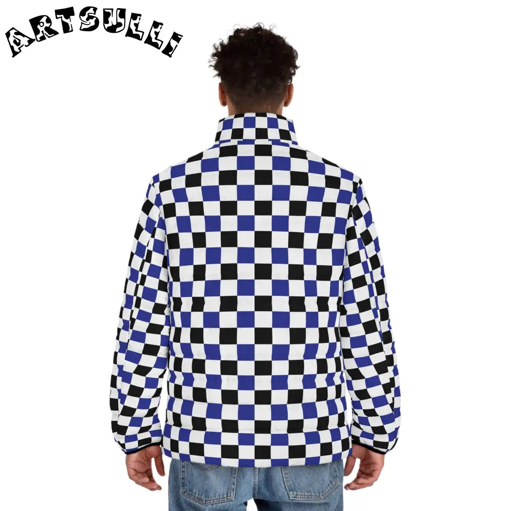 JAKKOUTTHEBXX Checkerboard Blue White and Black Men’s Puffer Jacket