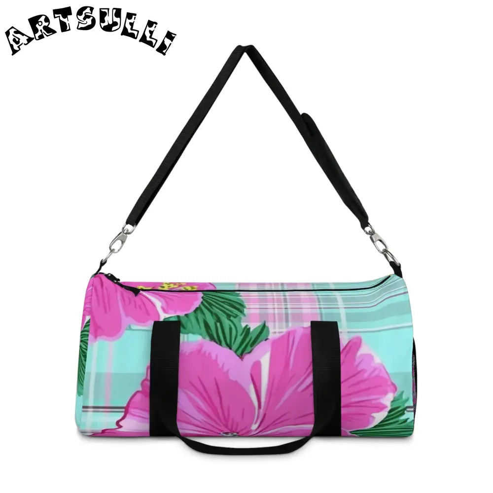 JAKKOUTTHEBXX Teal and Pink Hibiscus Duffel Bag JAKKOUTTHEBXX