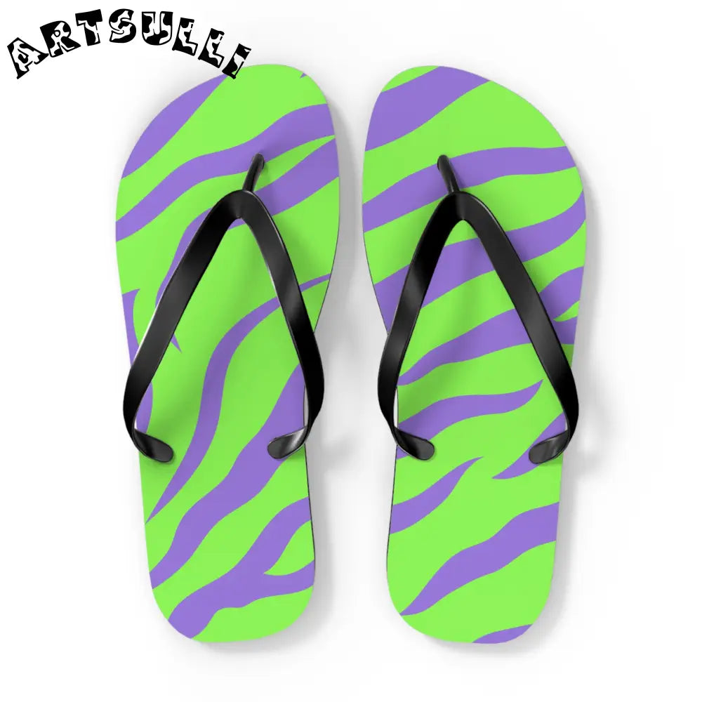 JAKKOUTTHEBXX Tyrannosaurus Print Green and Purple Flip Flops