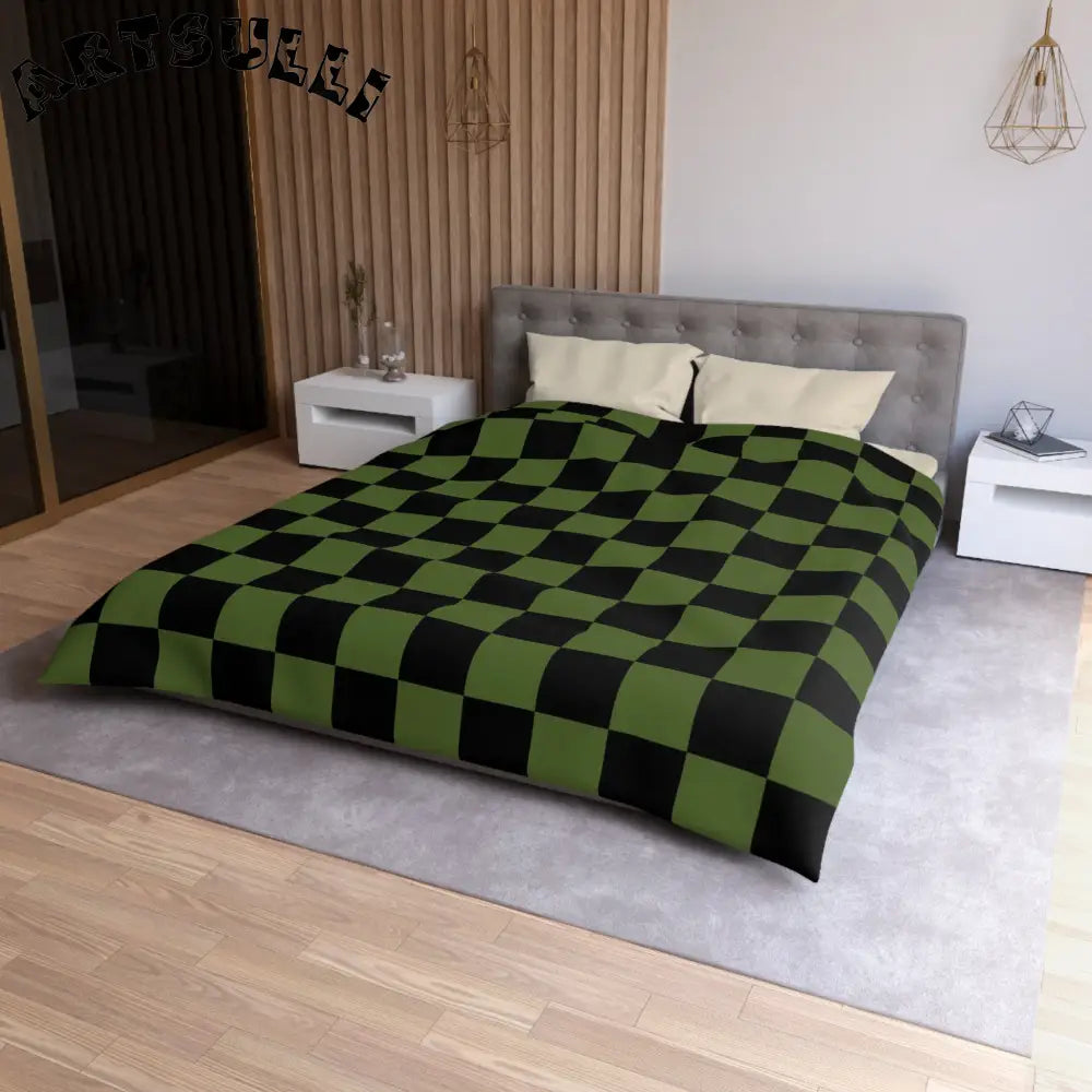 JAKKOUTTHEBXX Checkerboard Olive Green and Black Microfiber Duvet