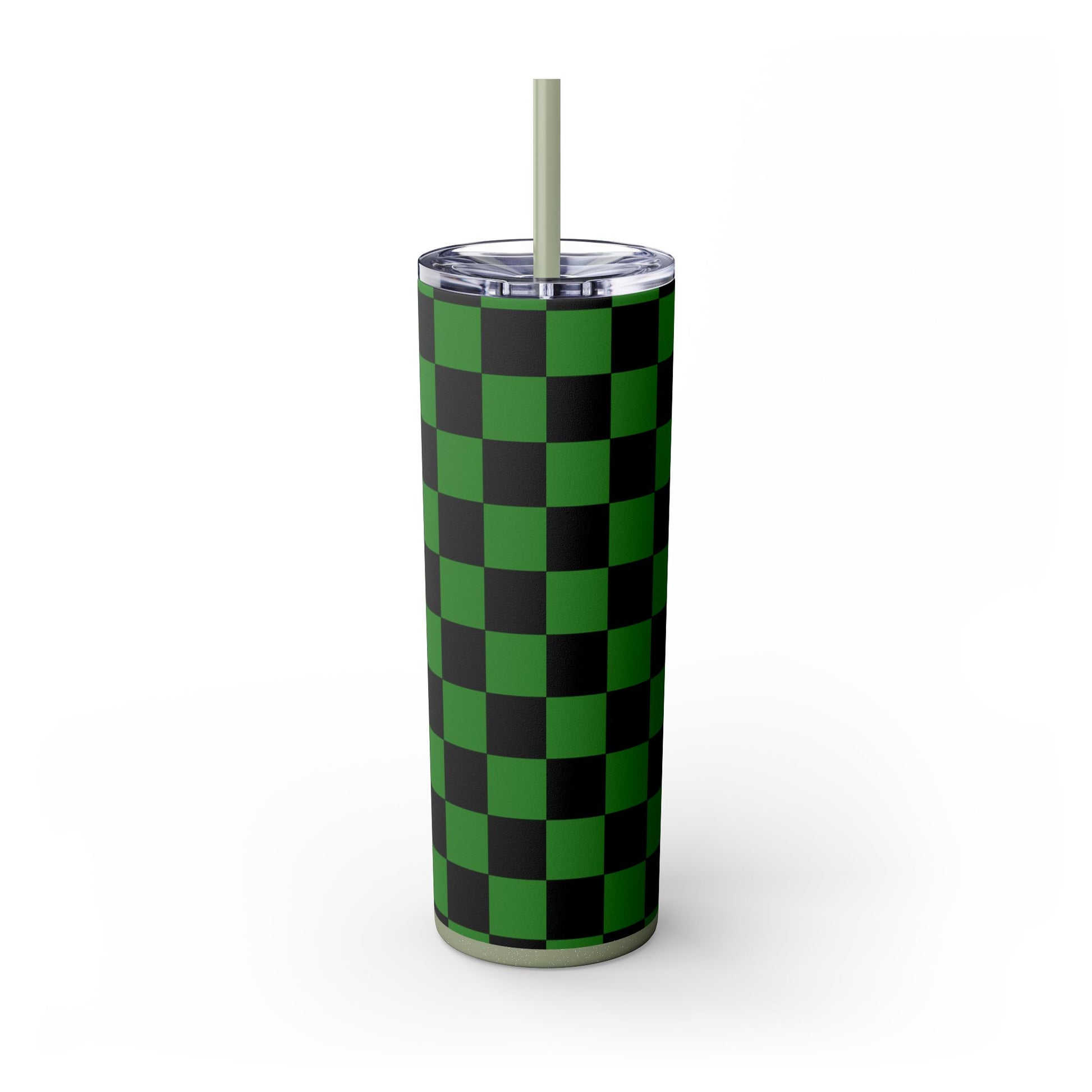 Checkerboard Green and Black Skinny Tumbler with Straw, 20oz, Artsulli - Art is Long, Life is Short, Mug, , , , , , , 