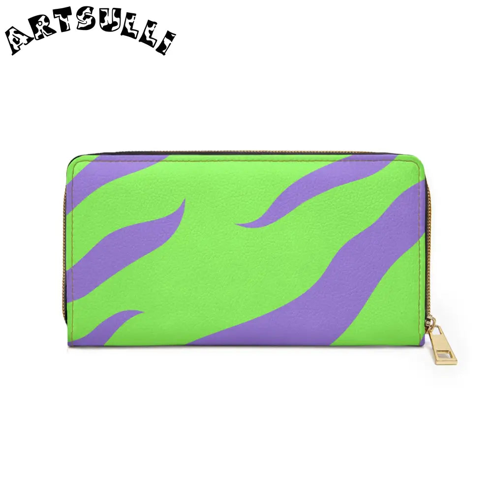 JAKKOUTTHEBXX Tyrannosaurus Print Green and Purple Zipper Wallet