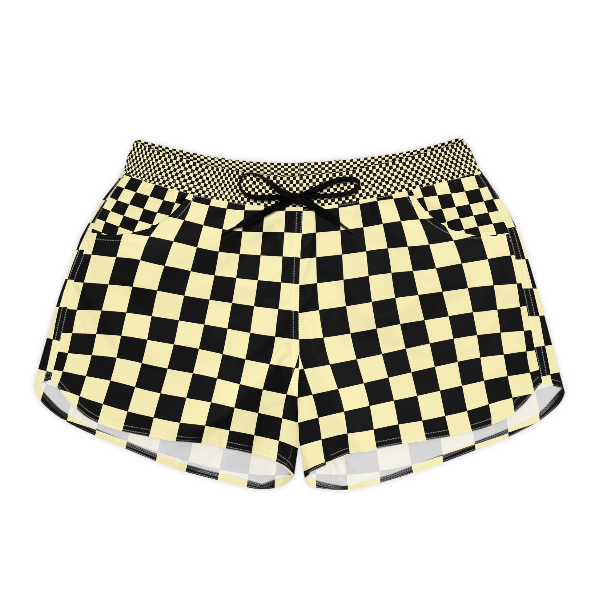 Checkerboard Black and Yellow Women's Casual Shorts (AOP), Artsulli - Art is Long, Life is Short, All Over Prints, Size, S, Color, Black drawstring, , , 33771290299066595029