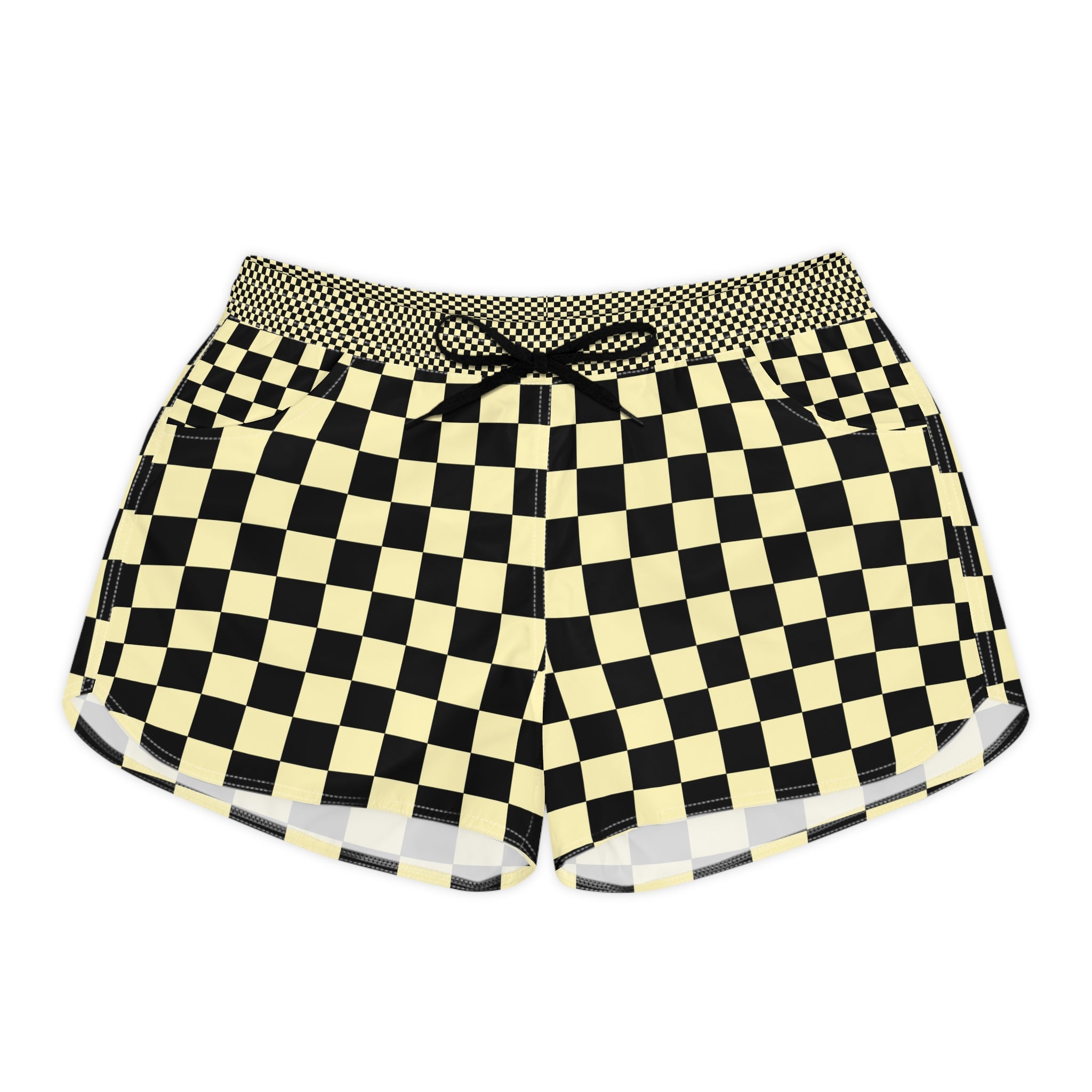 Checkerboard Black and Yellow Women's Casual Shorts (AOP), Artsulli - Art is Long, Life is Short, All Over Prints, Size, S, Color, Black drawstring, , , 33771290299066595029