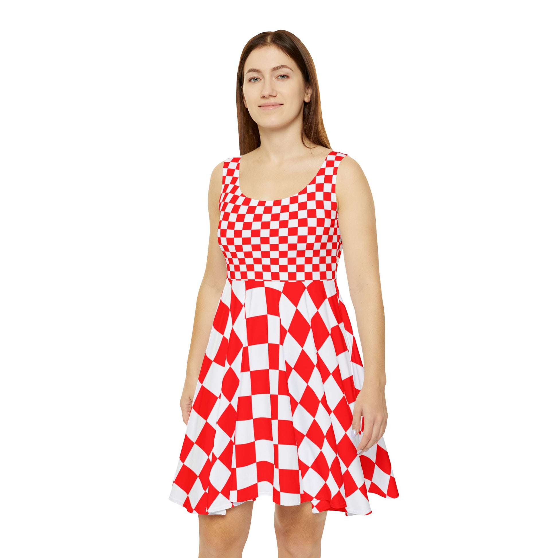Checkerboard Red and White Women's Skater Dress (AOP), Artsulli - Art is Long, Life is Short, All Over Prints, , , , , , , 