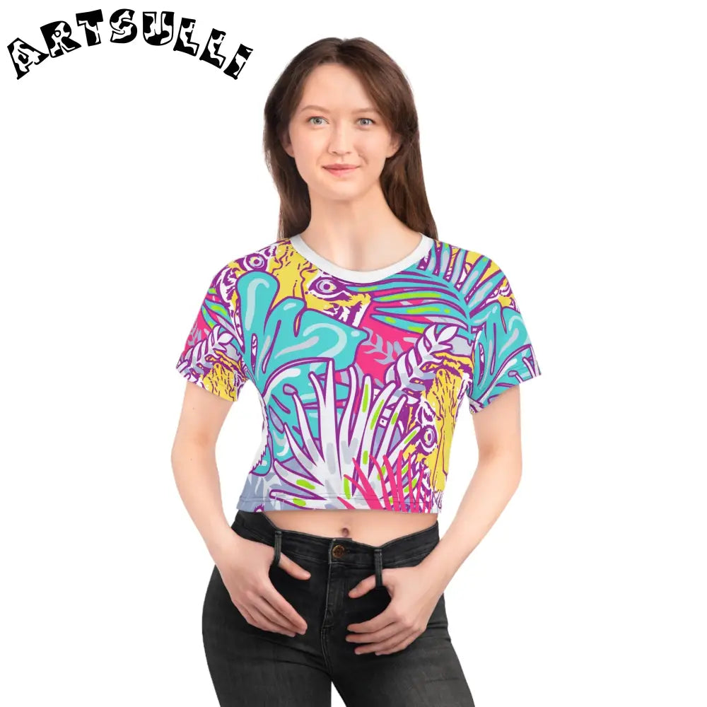 JAKKOUTTHEBXX Tropical Floral Tigers Torquise and Purple Crop Tee