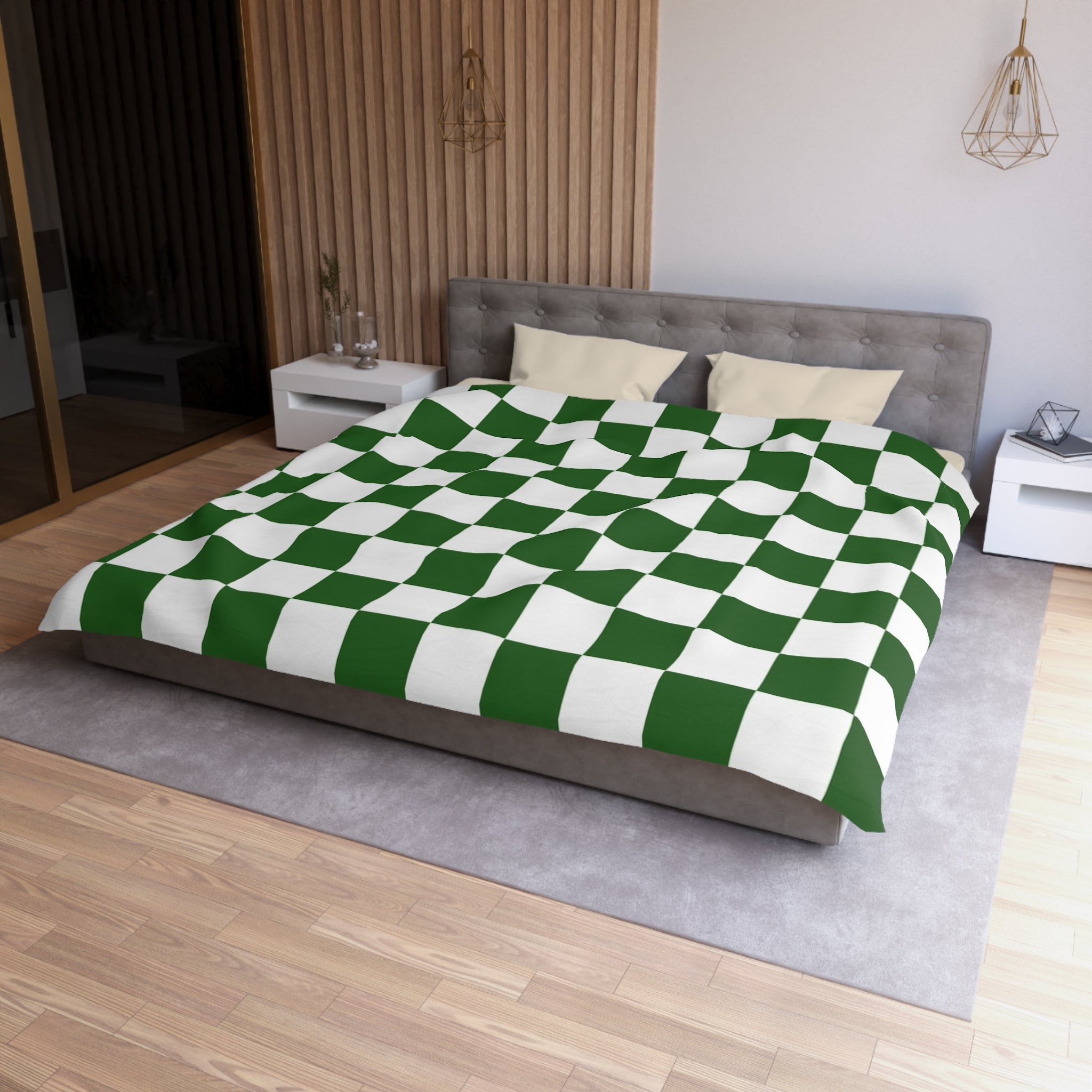 Checkerboard White and Dark Green Microfiber Duvet Cover, Artsulli - Art is Long, Life is Short, Home Decor, , , , , , , 