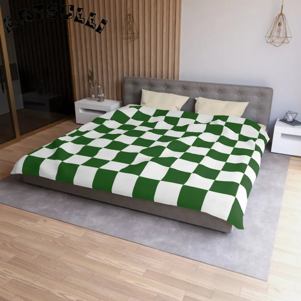 JAKKOUTTHEBXX Checkerboard White and Dark Green Microfiber Duvet