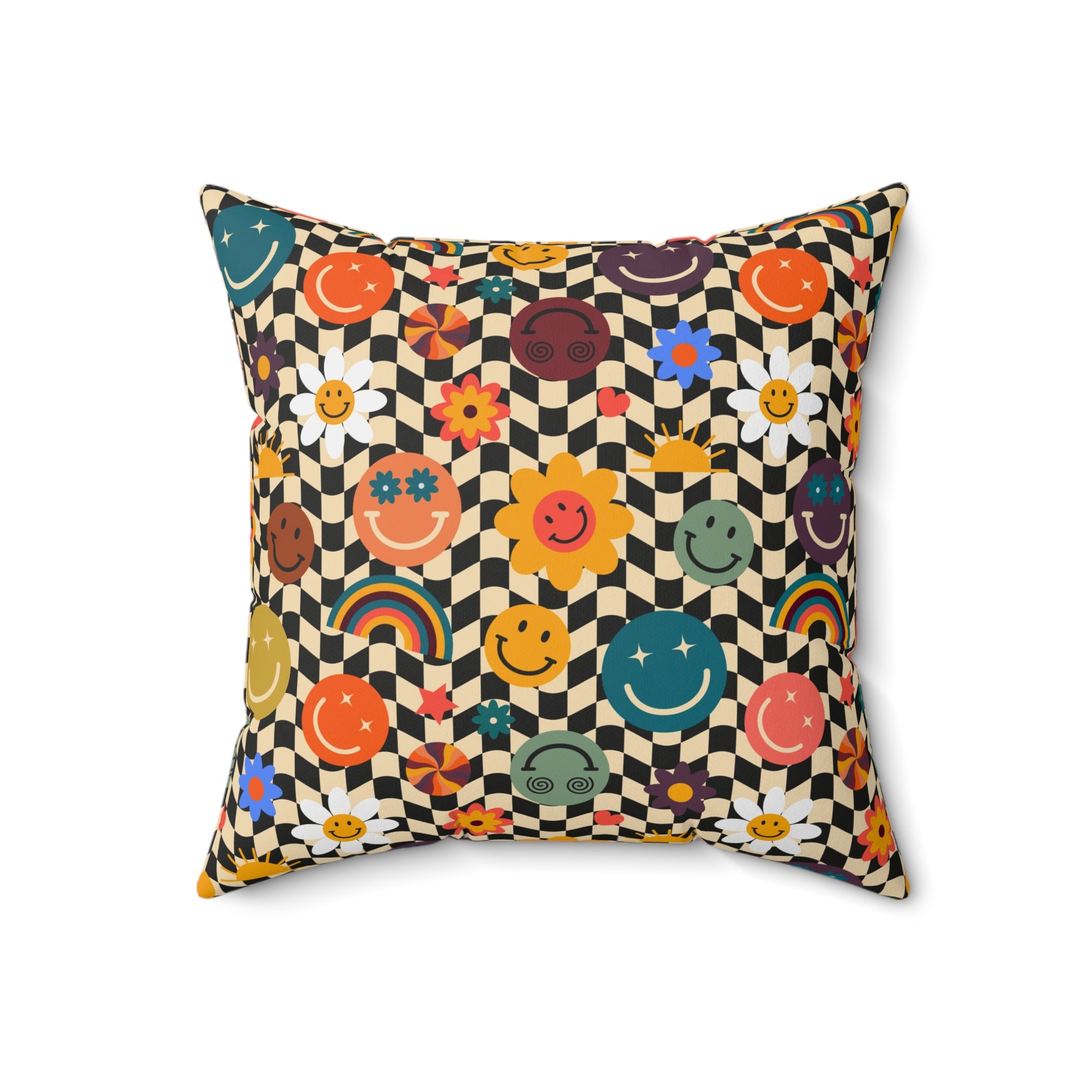 Trippy x Wavy Checkerboard x Smiley Face x Rainbow x Flowers Multi-Color Spun Polyester Square Pillow, Artsulli - Art is Long, Life is Short, Home Decor, , , , , , , 