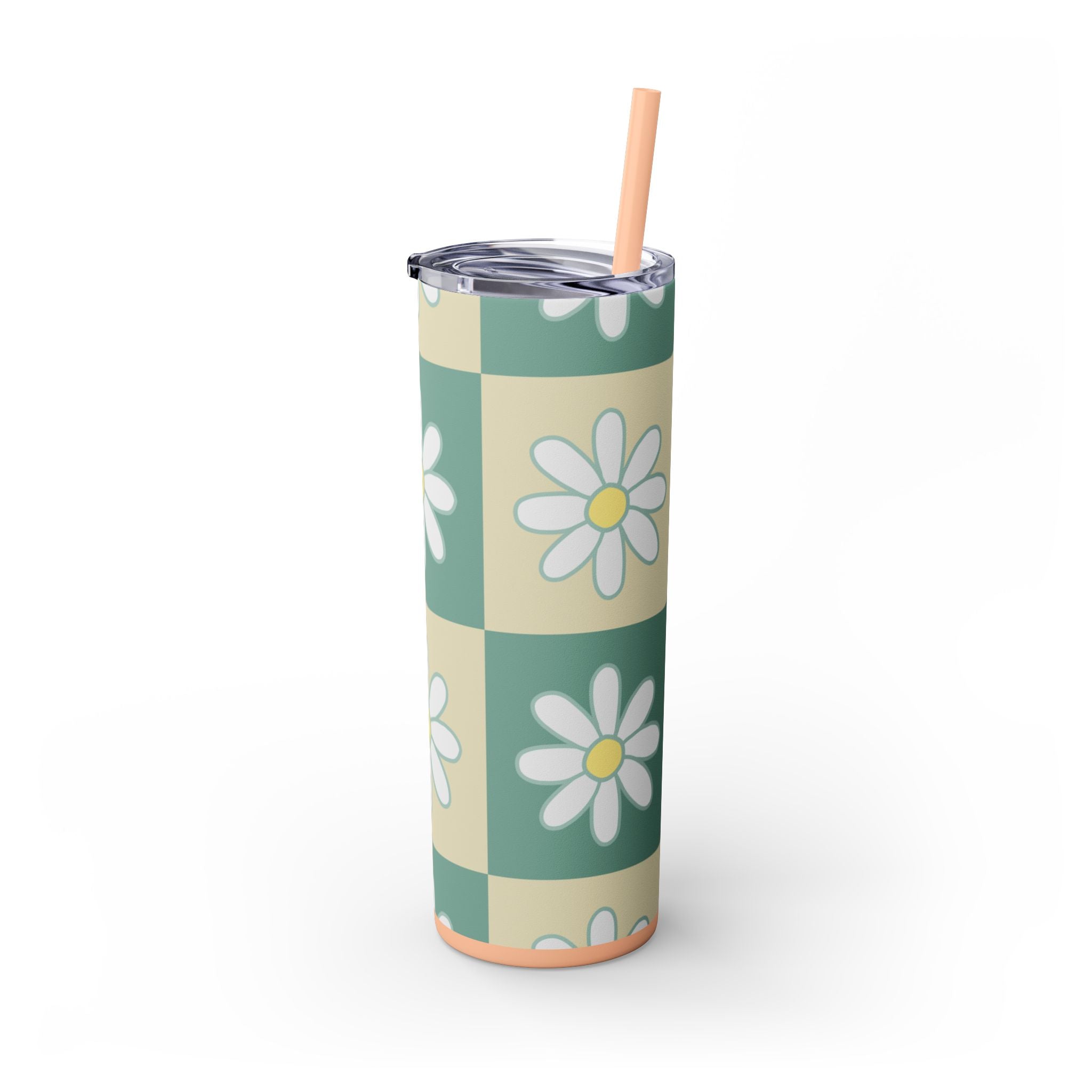 Retro Daisy Checkerboard Green and Tan Skinny Tumbler with Straw, 20oz, Artsulli - Art is Long, Life is Short, Mug, , , , , , , 