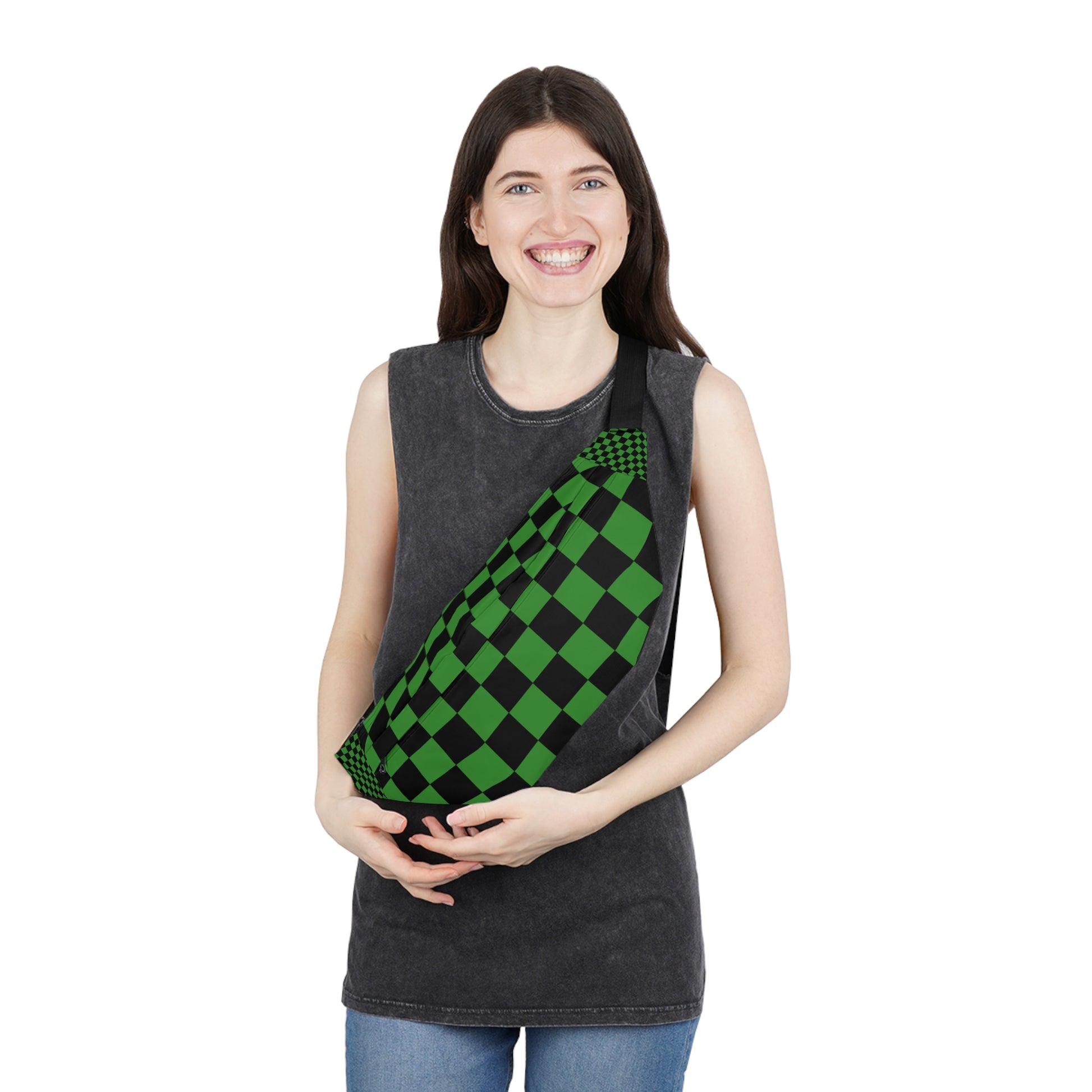 Checkerboard Green and Black Large Fanny Pack, Artsulli - Art is Long, Life is Short, Bags, , , , , , , 