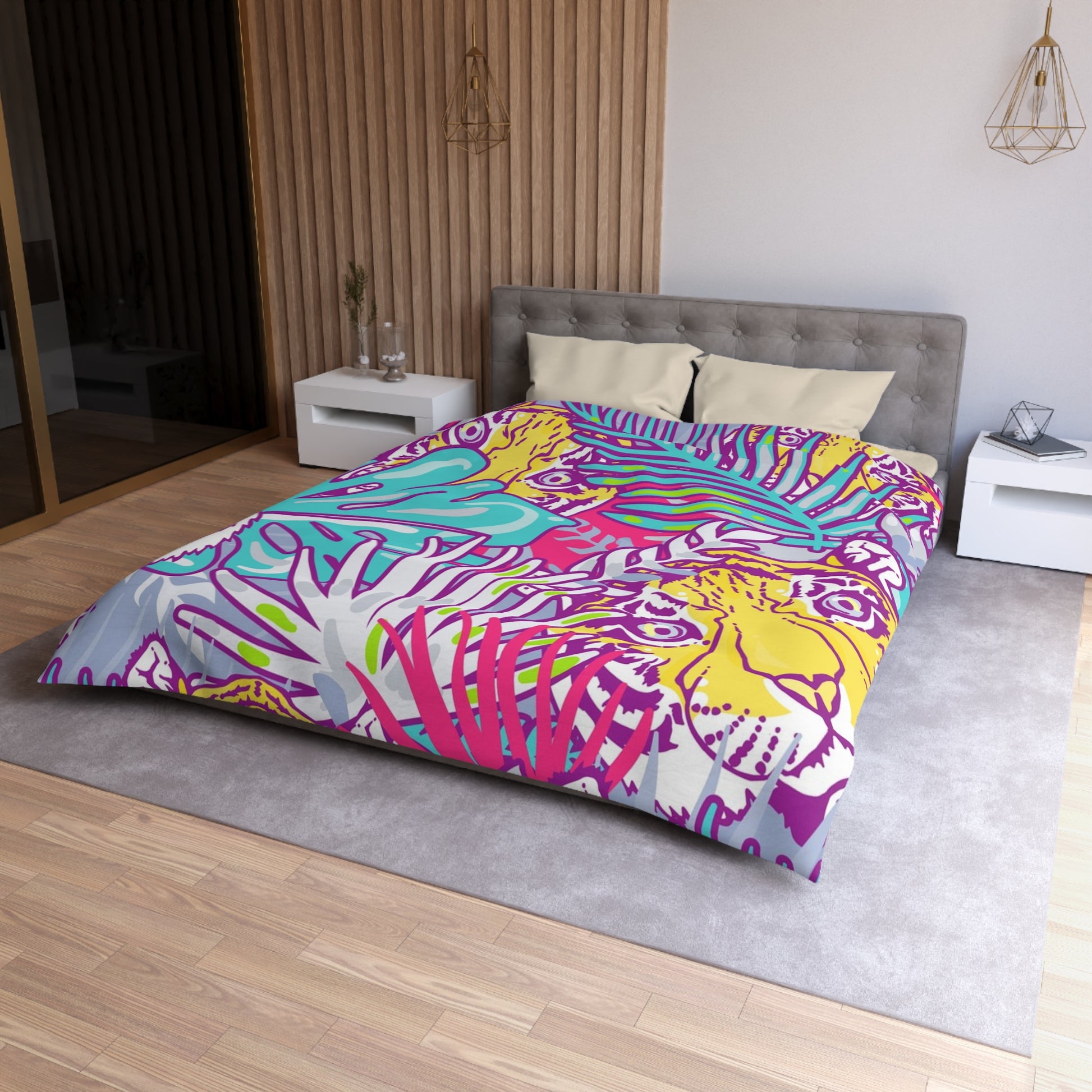 Tropical Floral Tigers Torquise and Purple Microfiber Duvet Cover, Artsulli - Art is Long, Life is Short, Home Decor, , , , , , , 