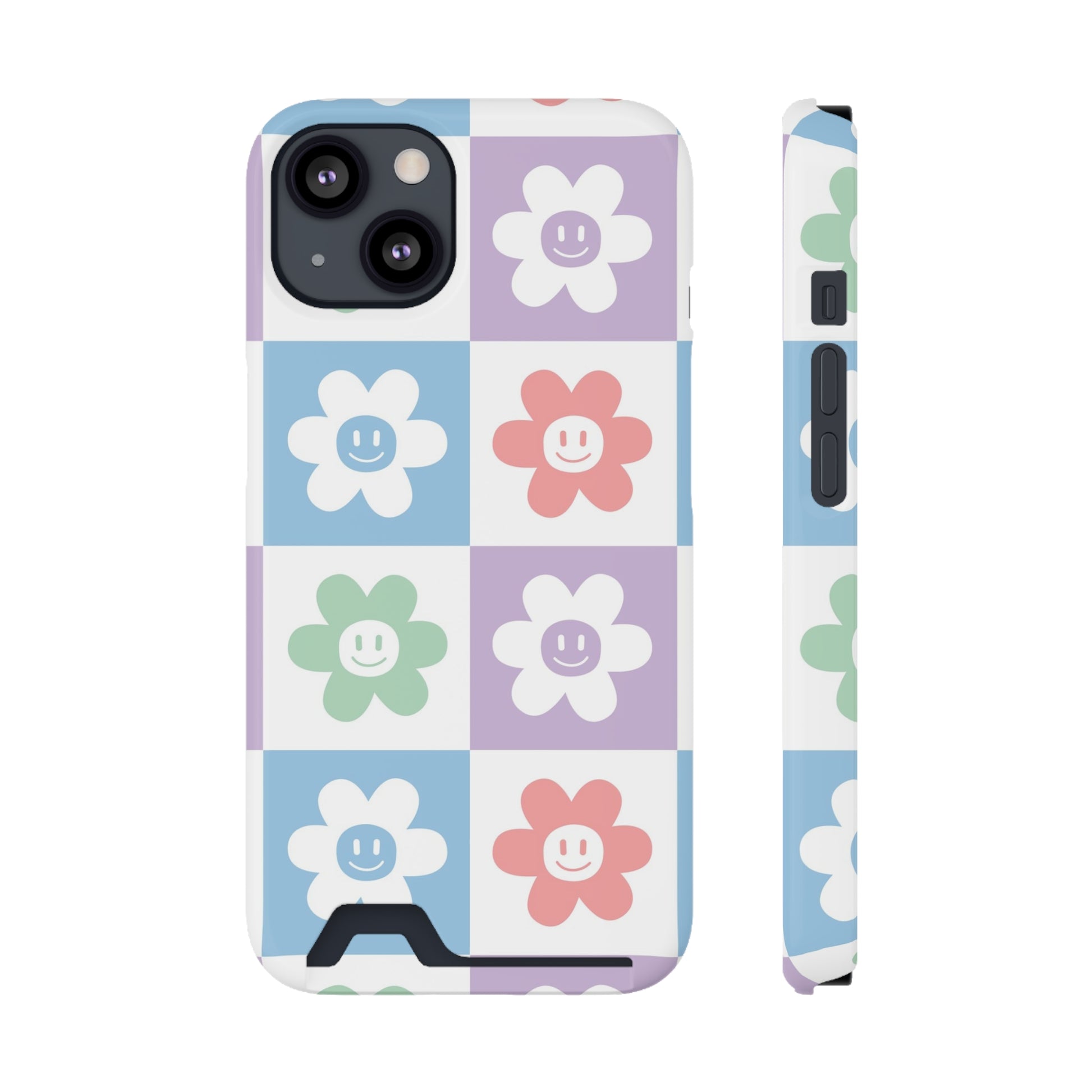 Chessboard x Smiley Face Flowers Multi-Color Phone Case With Card Holder, Artsulli - Art is Long, Life is Short, Phone Case, Size, iPhone 13, Surface, Glossy, Shape, With gift packaging, 29700213344000004303