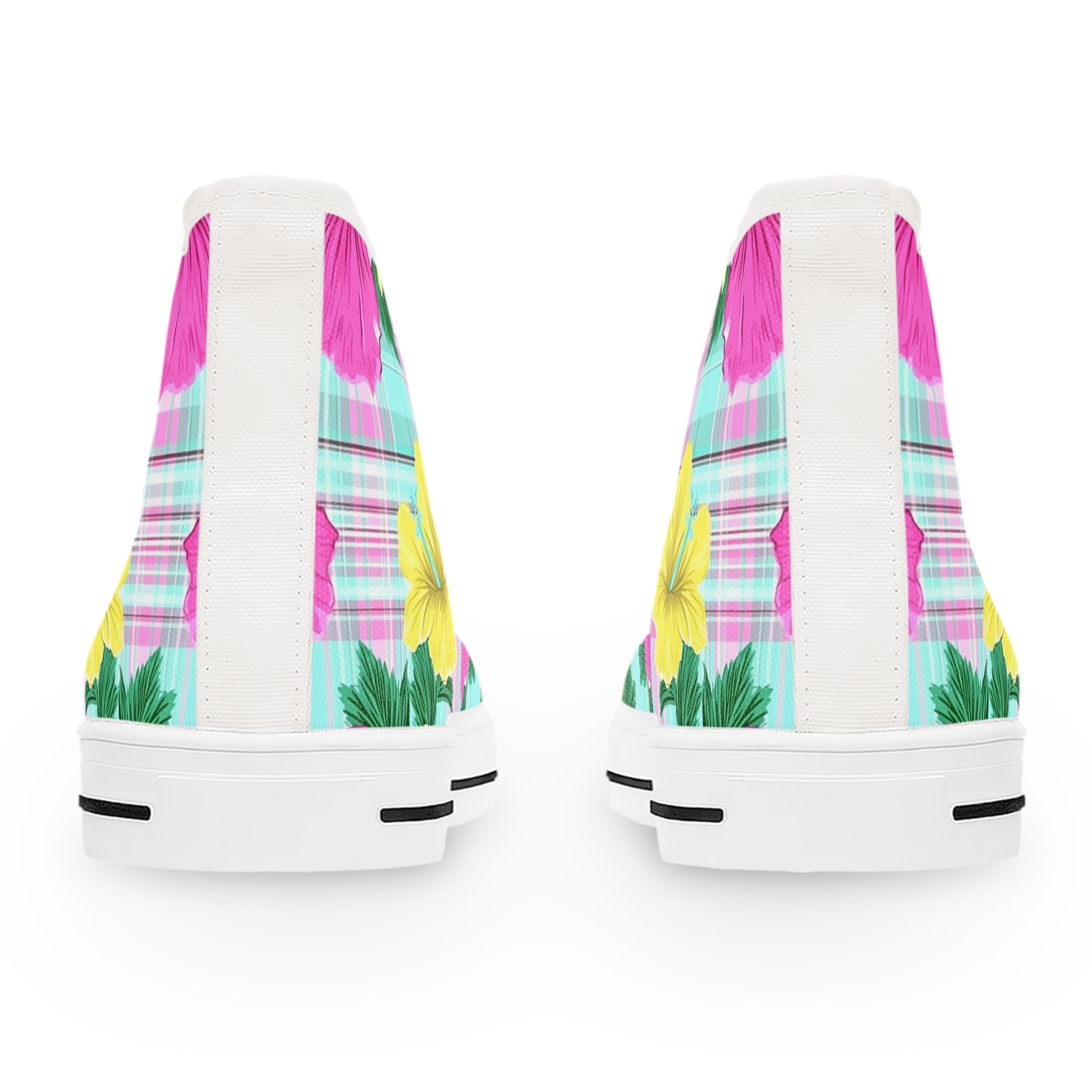 Plaid Hibiscus Pink and Yellow Women's High Top Sneakers, Artsulli - Art is Long, Life is Short, Shoes, , , , , , , 