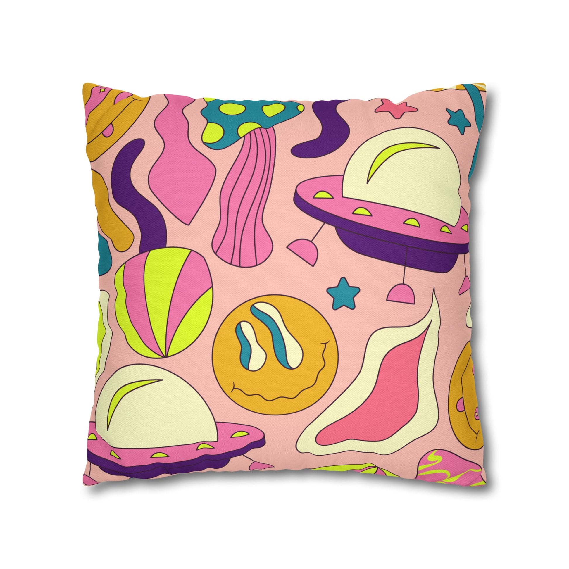 Trippy Spaceships Pink Spun Polyester Square Pillowcase, Artsulli - Art is Long, Life is Short, Home Decor, , , , , , , 