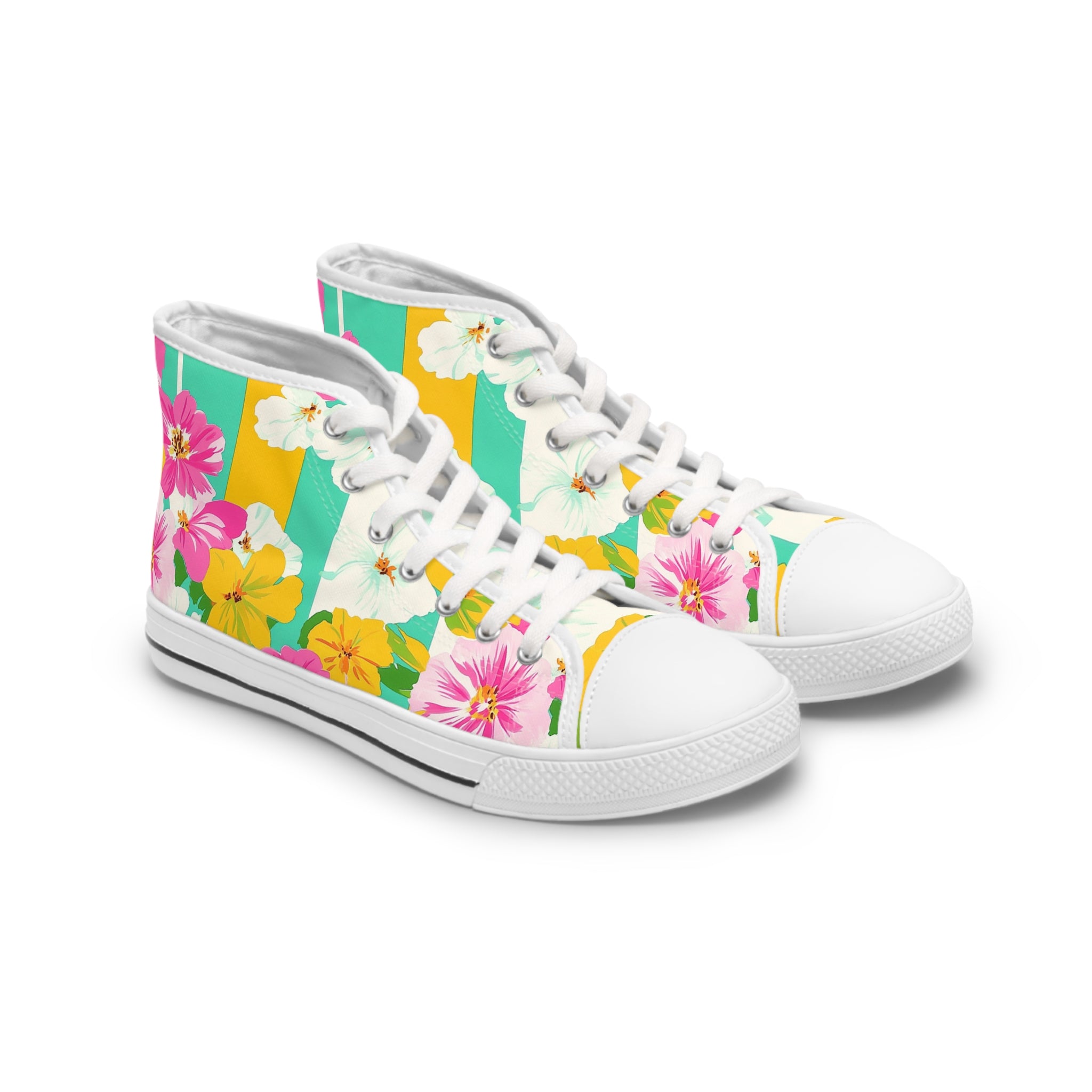 Pastel x Floral x Stripes Multi-Color Women's High Top Sneakers, Artsulli - Art is Long, Life is Short, Shoes, Size, US 5.5, Color, White sole, , , 74325067417590093800