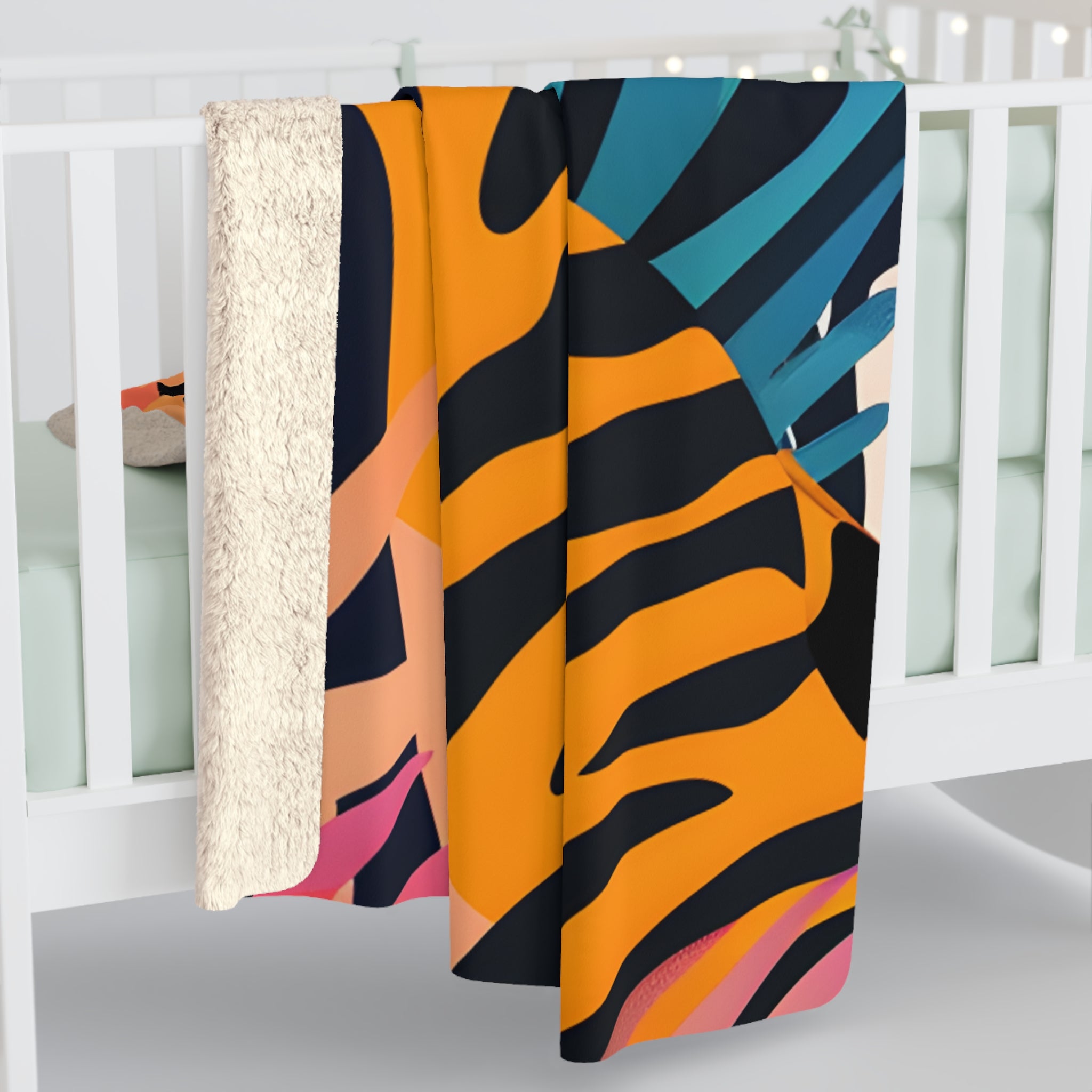 Palm Leaves x Zebra Stripes x Tiger Stripes Orange and Blue  Sherpa Fleece Blanket, Artsulli - Art is Long, Life is Short, Home Decor, , , , , , , 