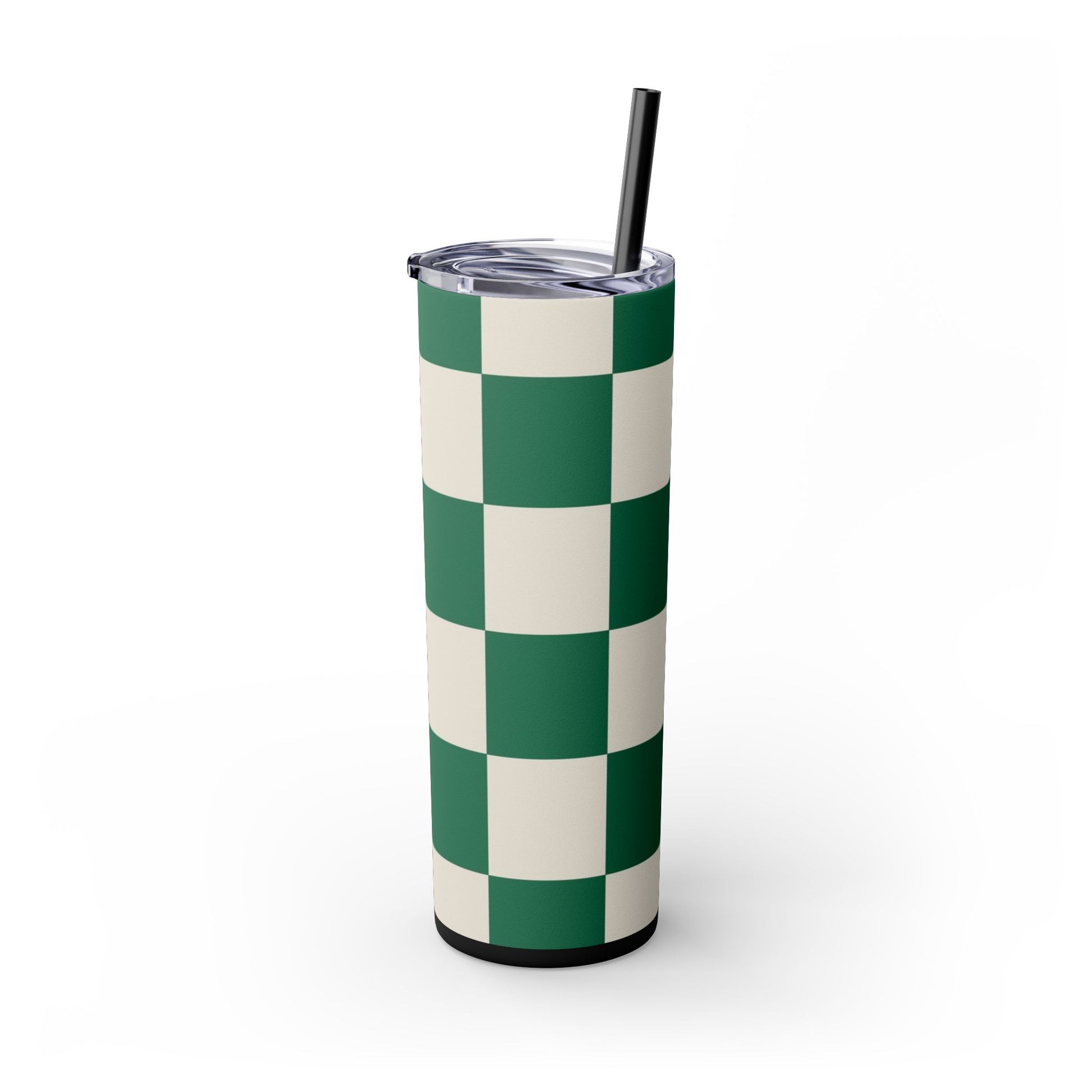 Checkerboard Dark Green Skinny Tumbler with Straw, 20oz, Artsulli - Art is Long, Life is Short, Mug, , , , , , , 