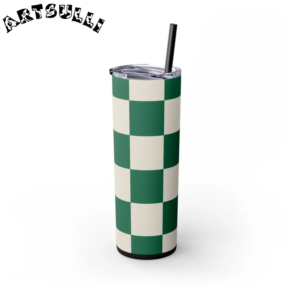 JAKKOUTTHEBXX Checkerboard Dark Green Skinny Tumbler with Straw 20oz