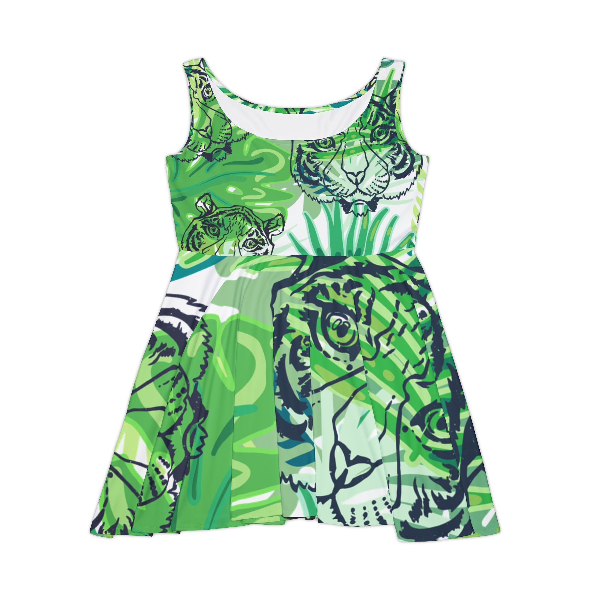 Tropical Jungle Tigers Green Women's Skater Dress (AOP), Artsulli - Art is Long, Life is Short, All Over Prints, Size, XS, , , , , 14915747254786