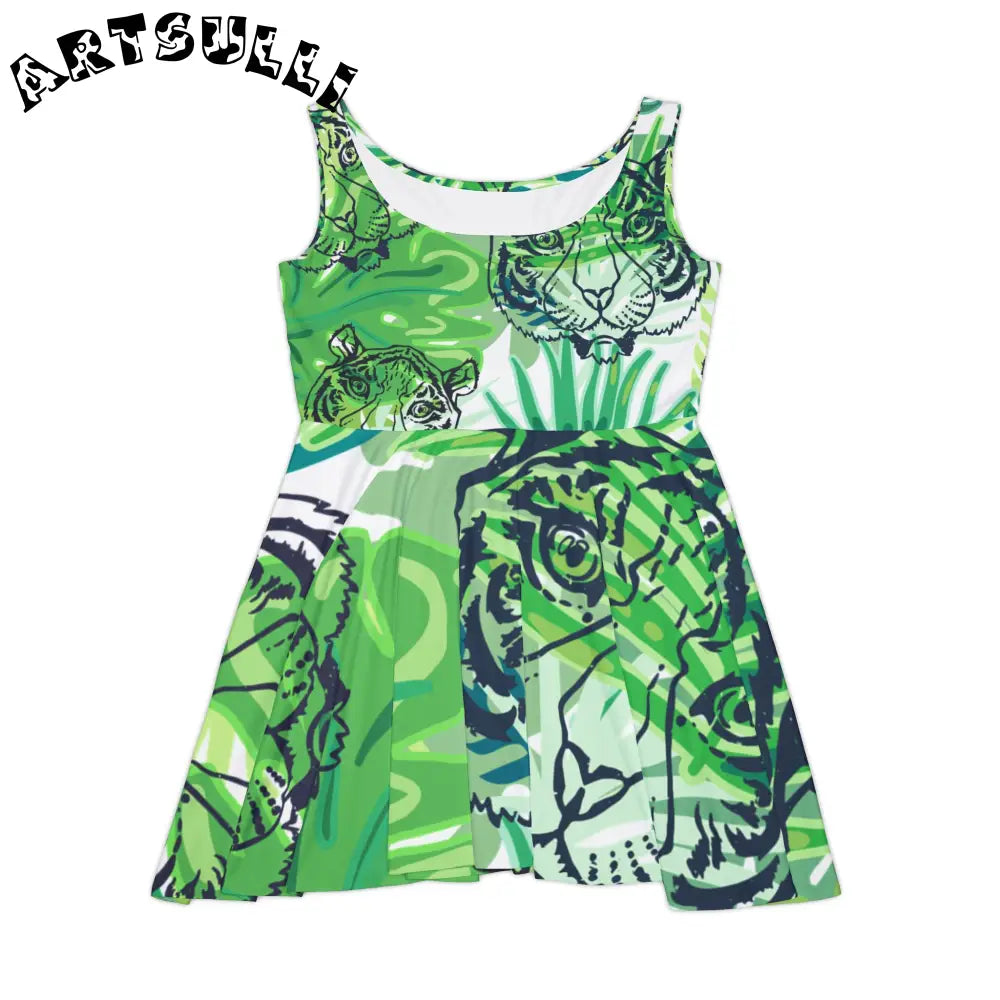 JAKKOUTTHEBXX Tropical Jungle Tigers Green Women’s Skater Dress