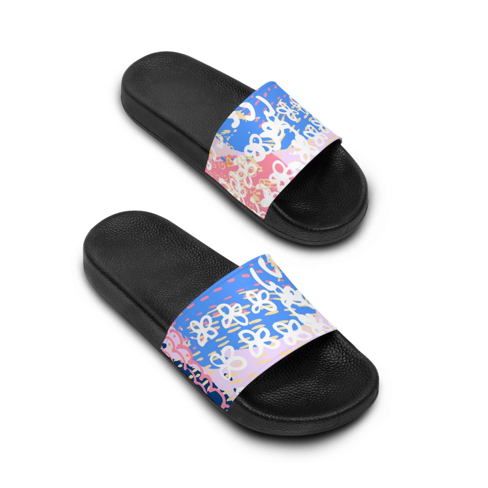 Flowers x Doodles x Hearts Multi-Color Men's Slide Sandals, Artsulli - Art is Long, Life is Short, Shoes, , , , , , , 