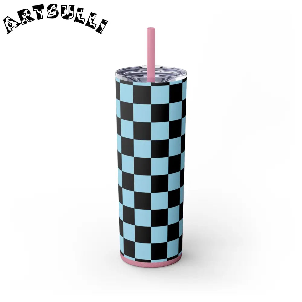 JAKKOUTTHEBXX Checkerboard Black and Blue Skinny Tumbler with Straw