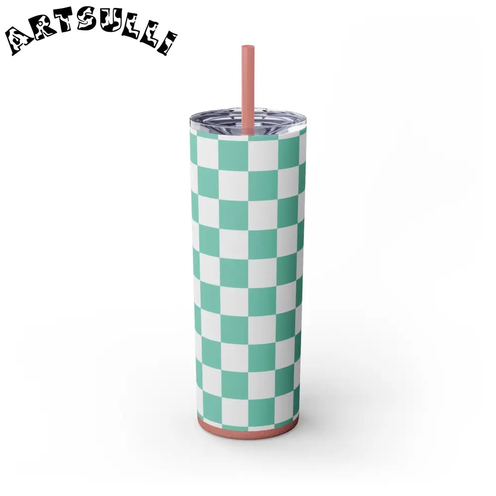 JAKKOUTTHEBXX Checkerboard Light Green Skinny Tumbler with Straw
