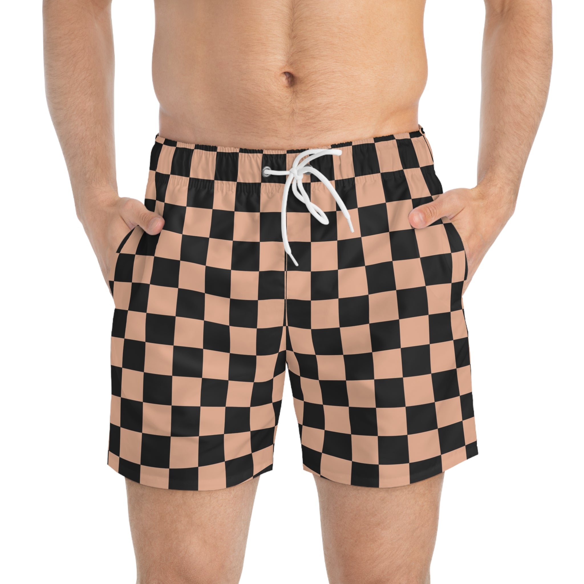 Checkerboard II Soft Orange and Black Swim Trunks (AOP), Artsulli - Art is Long, Life is Short, All Over Prints, , , , , , , 