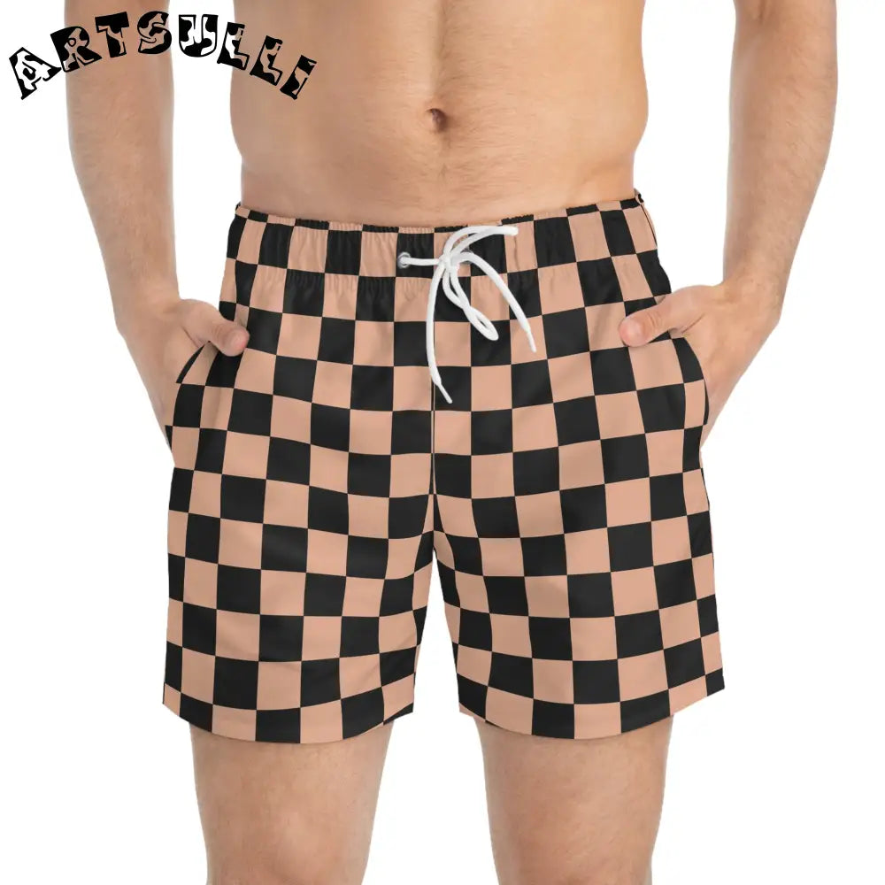 JAKKOUTTHEBXX Checkerboard II Soft Orange and Black Swim Trunks