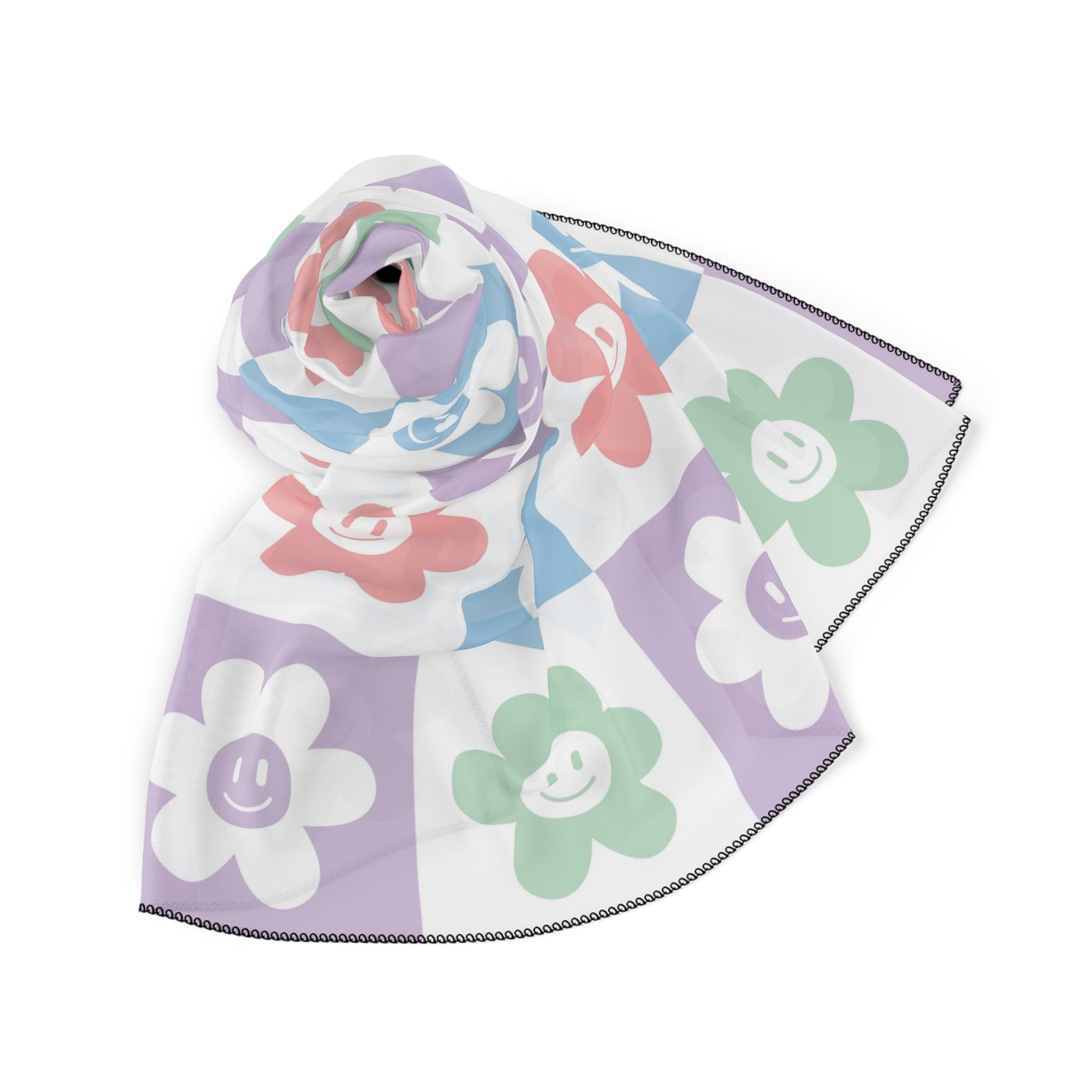 Chessboard x Smiley Face Flowers Multi-Color Poly Scarf, Artsulli - Art is Long, Life is Short, Accessories, , , , , , , 