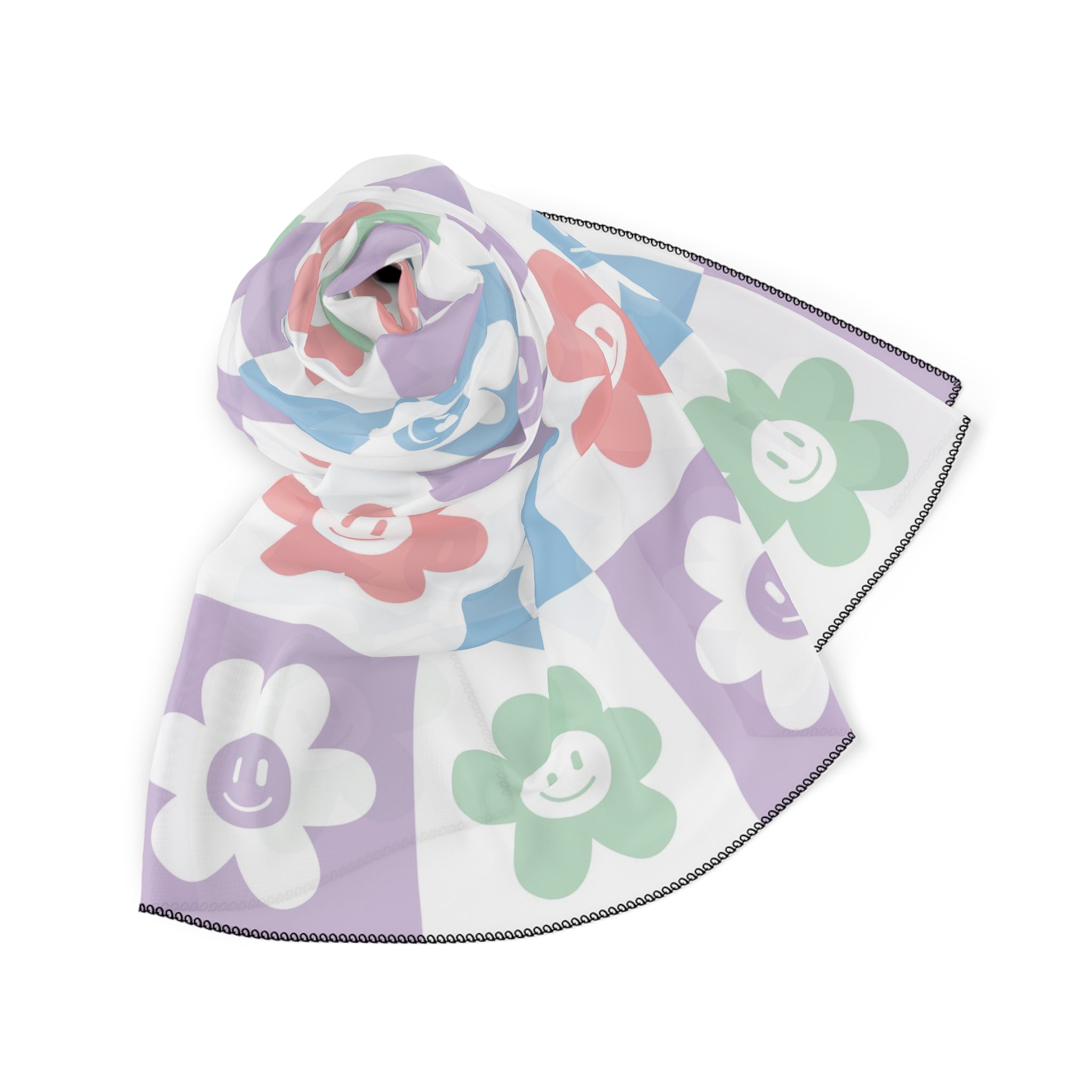 Chessboard x Smiley Face Flowers Multi-Color Poly Scarf, Artsulli - Art is Long, Life is Short, Accessories, , , , , , , 