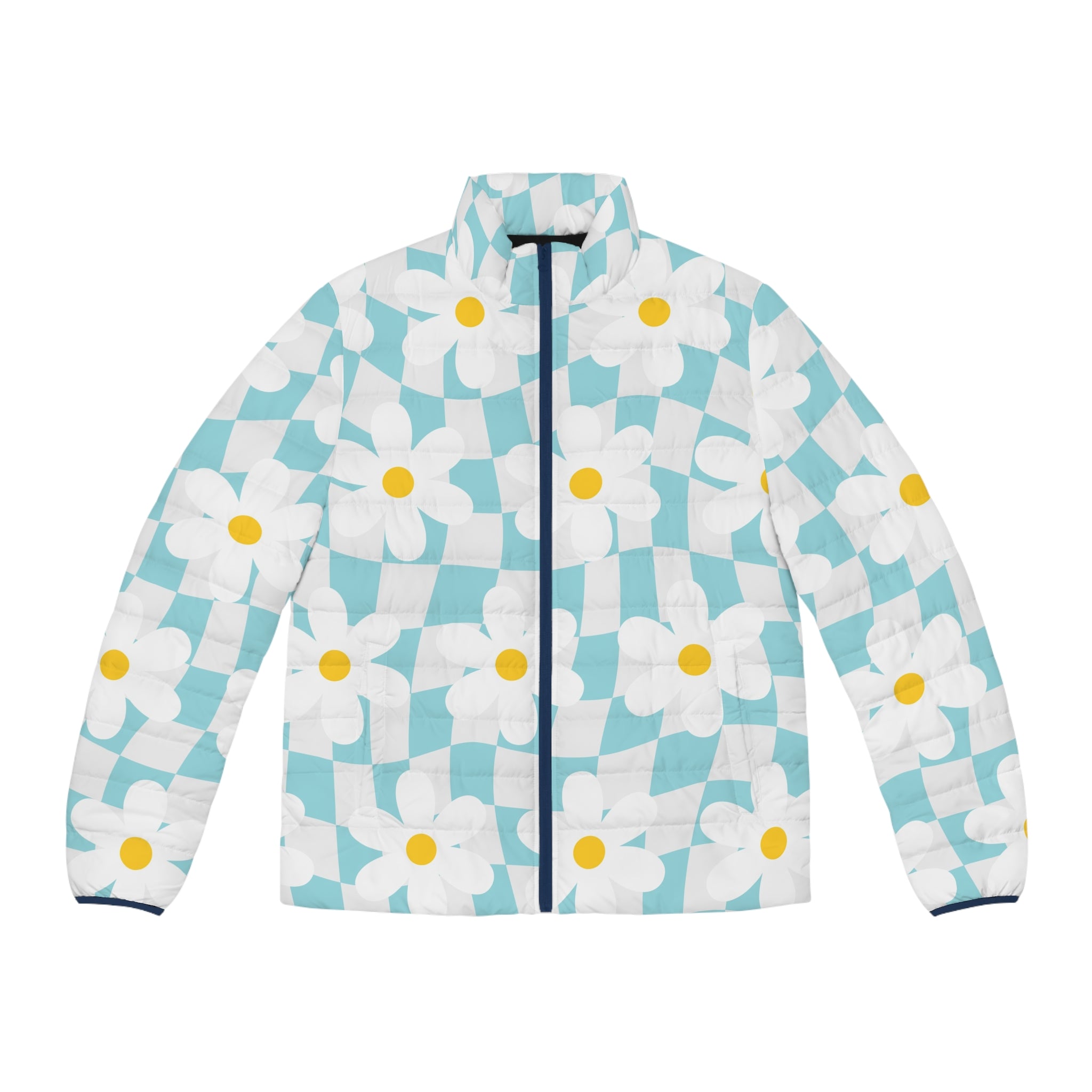 Trippy Check Garden Men's Puffer Jacket (AOP), Artsulli - Art is Long, Life is Short, All Over Prints, Size, S, Color, Dark blue zipper, , , 14241989584815261606