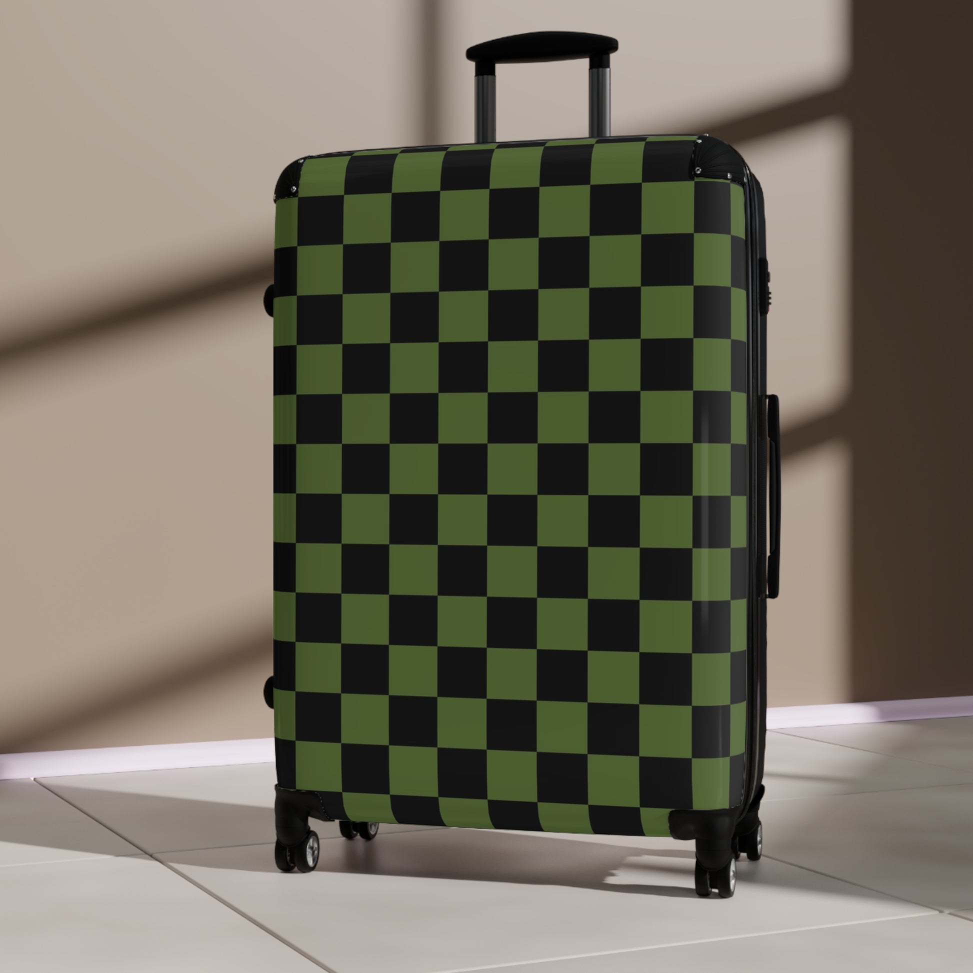 Checkerboard Olive Green and Black Suitcase, Artsulli - Art is Long, Life is Short, Bags, , , , , , , 