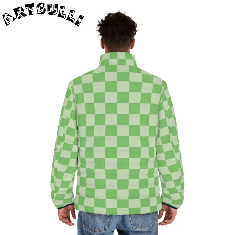 JAKKOUTTHEBXX Checkerboard Green Men’s Puffer Jacket (AOP)