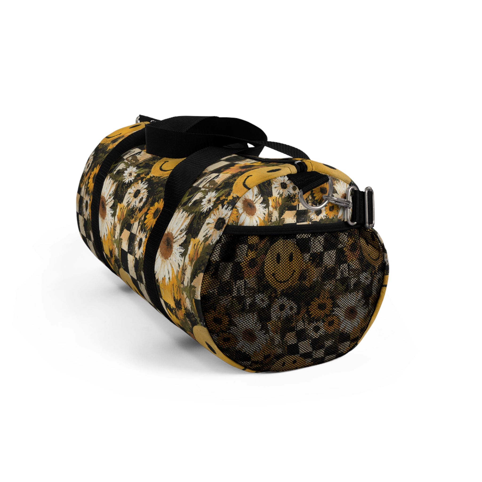 Smiley Face x Checkerboard x Sunflowers x Trippy x Vintage II Black and Yellow Duffel Bag, Artsulli - Art is Long, Life is Short, Bags, , , , , , , 