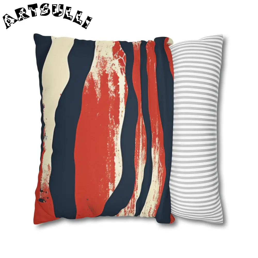 JAKKOUTTHEBXX Abstract Red White Navy Blue Wavy Stripe Square Pillow
