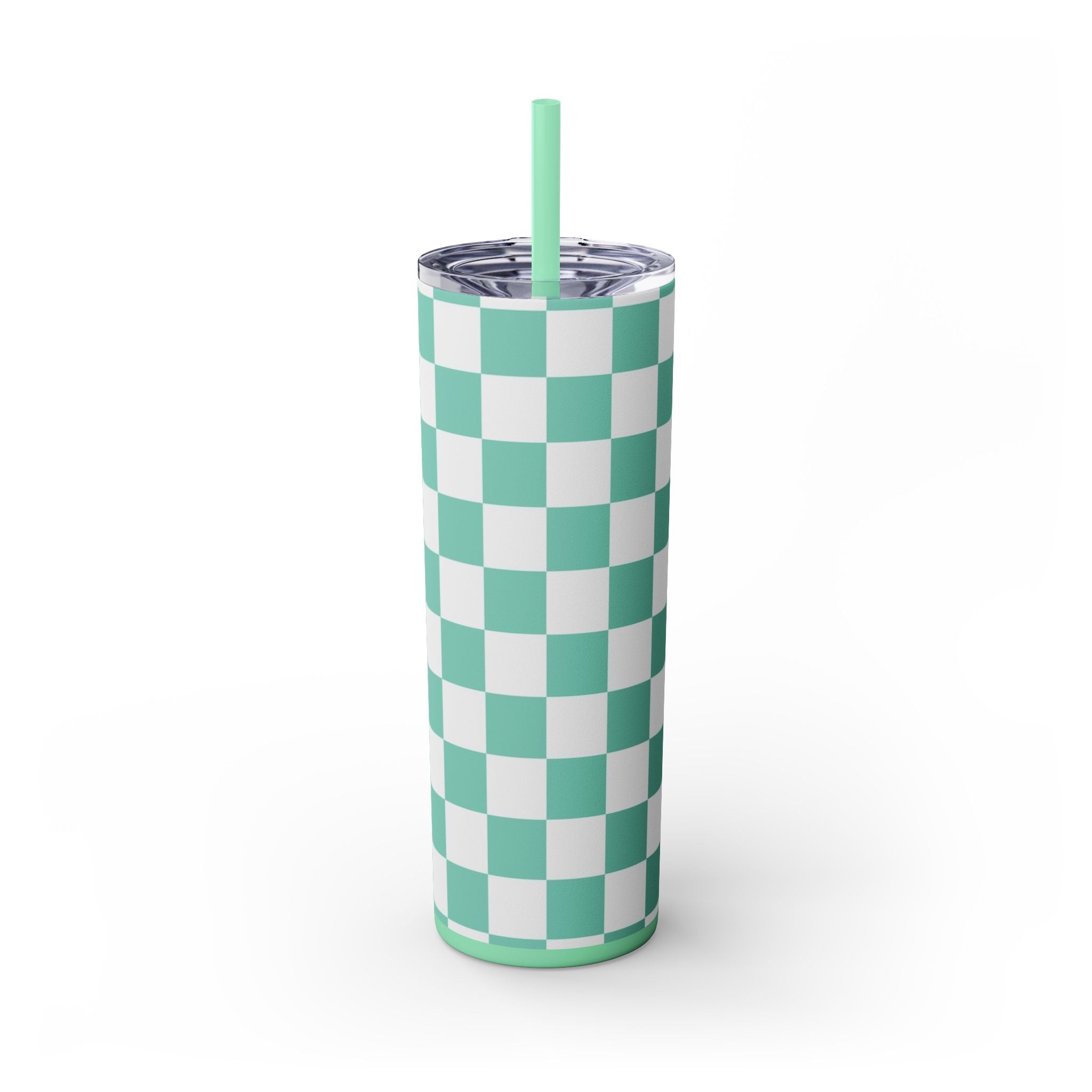 Checkerboard Light Green Skinny Tumbler with Straw, 20oz, Artsulli - Art is Long, Life is Short, Mug, Finish, Glossy, Color, Mint, Size, 20oz, 30431034011921114405