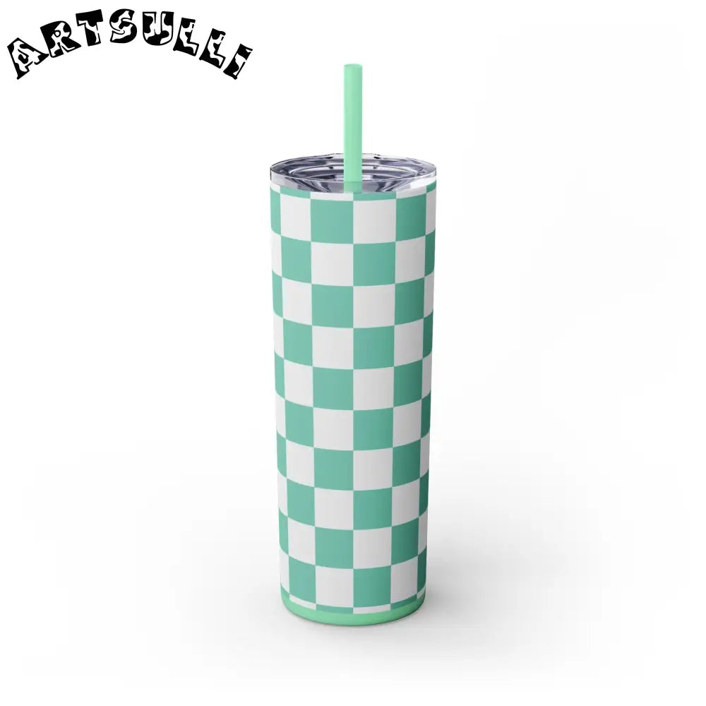 JAKKOUTTHEBXX Checkerboard Light Green Skinny Tumbler with Straw