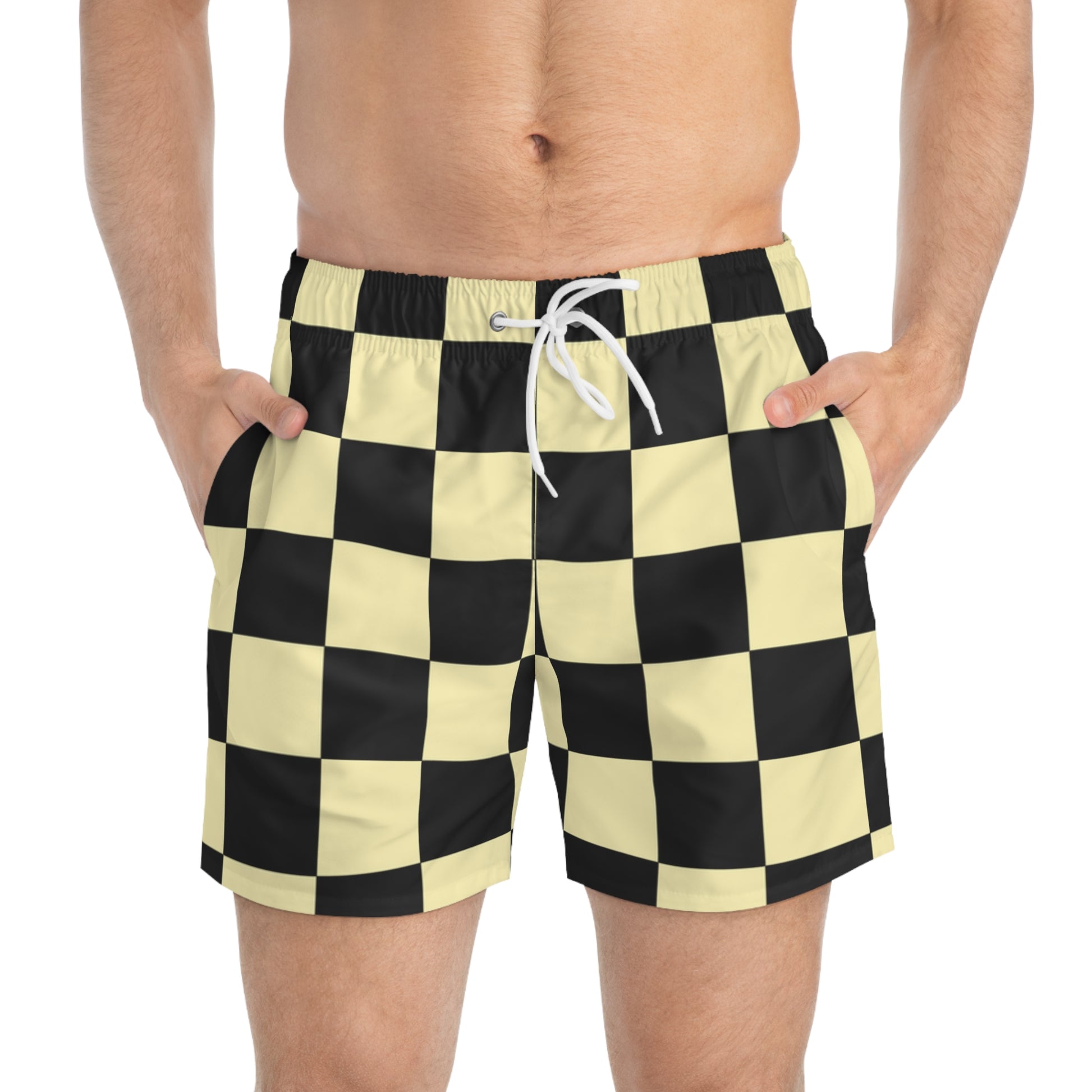 Checkerboard Black and Yellow Swim Trunks (AOP), Artsulli - Art is Long, Life is Short, All Over Prints, , , , , , , 