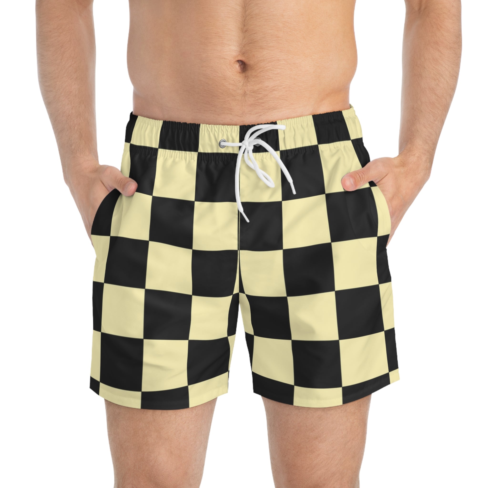 Checkerboard Black and Yellow Swim Trunks (AOP), Artsulli - Art is Long, Life is Short, All Over Prints, , , , , , , 