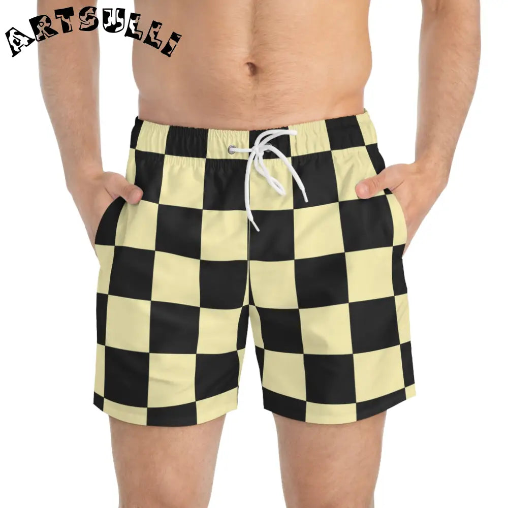 JAKKOUTTHEBXX Checkerboard Black and Yellow Swim Trunks (AOP)