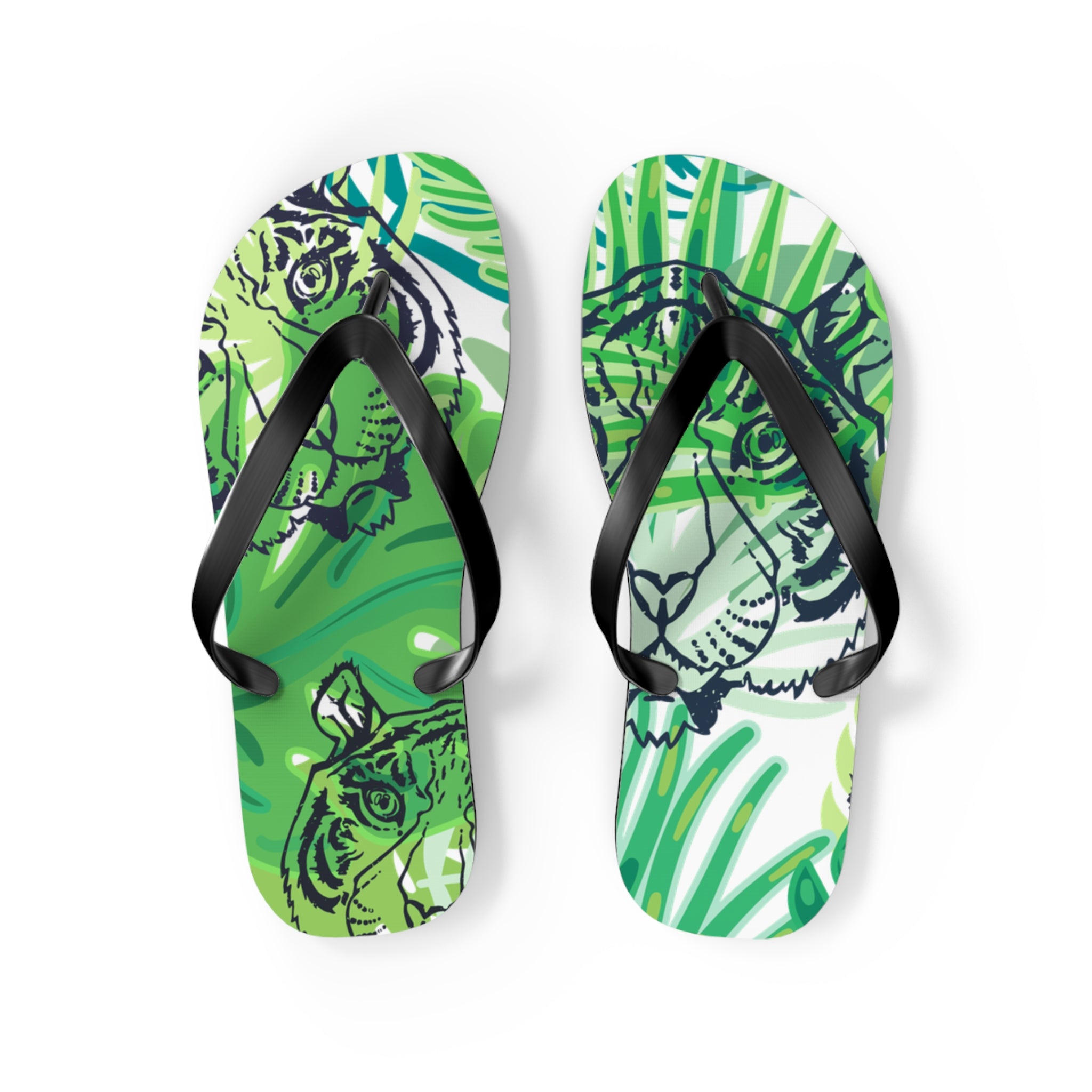 Tropical Jungle Tigers Green Flip Flops, Artsulli - Art is Long, Life is Short, Shoes, Size, M, Color, Black sole, , , 14791855743104